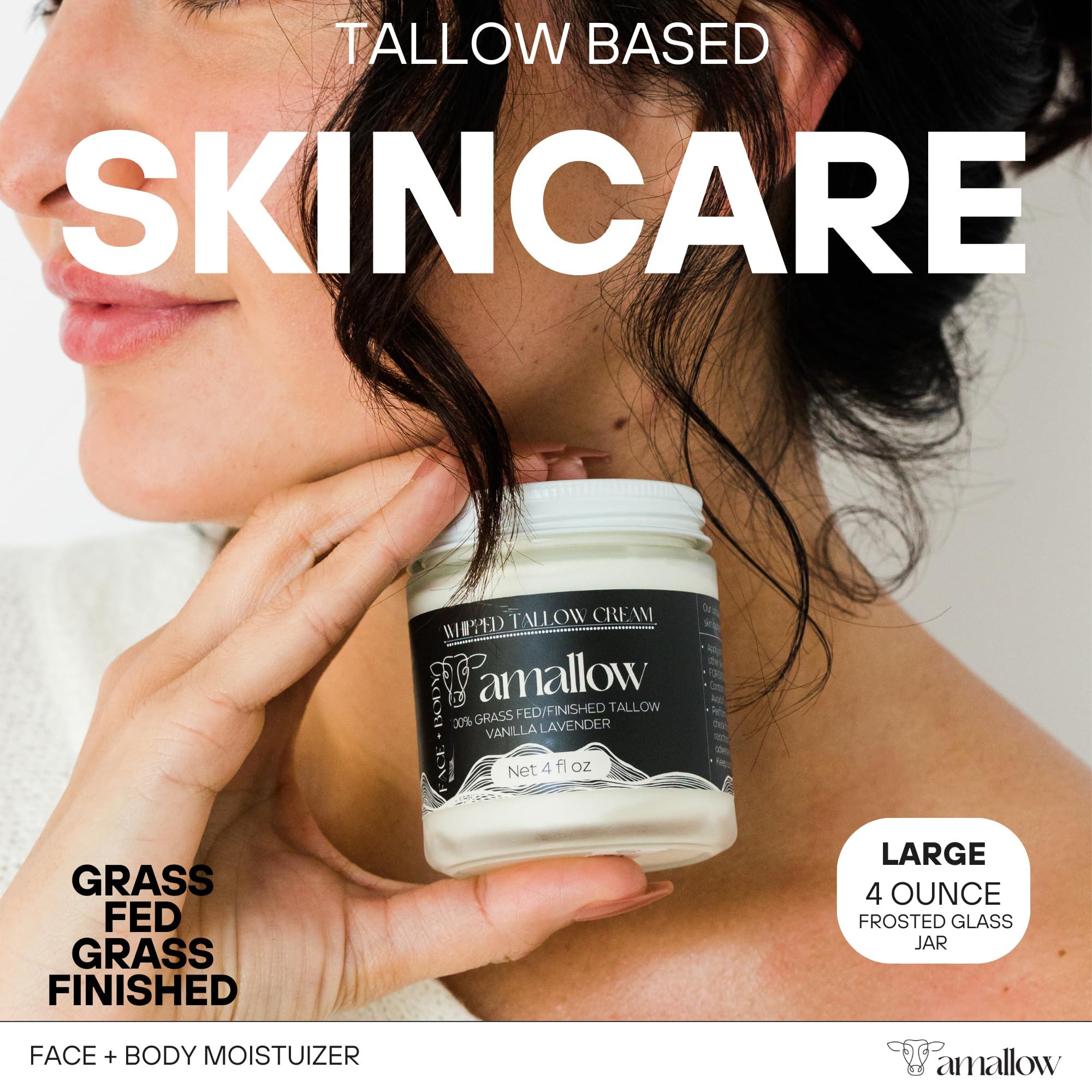 Amallow 100% Grass-Fed Beef Tallow for Skin Care – Vanilla Lavender Whipped Moisturizer, Face & Body, 4 fl oz