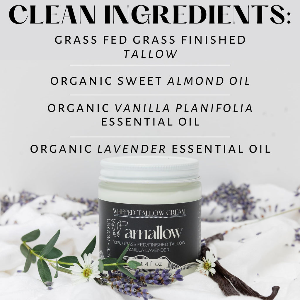 Amallow 100% Grass-Fed Beef Tallow for Skin Care – Vanilla Lavender Whipped Moisturizer, Face & Body, 4 fl oz