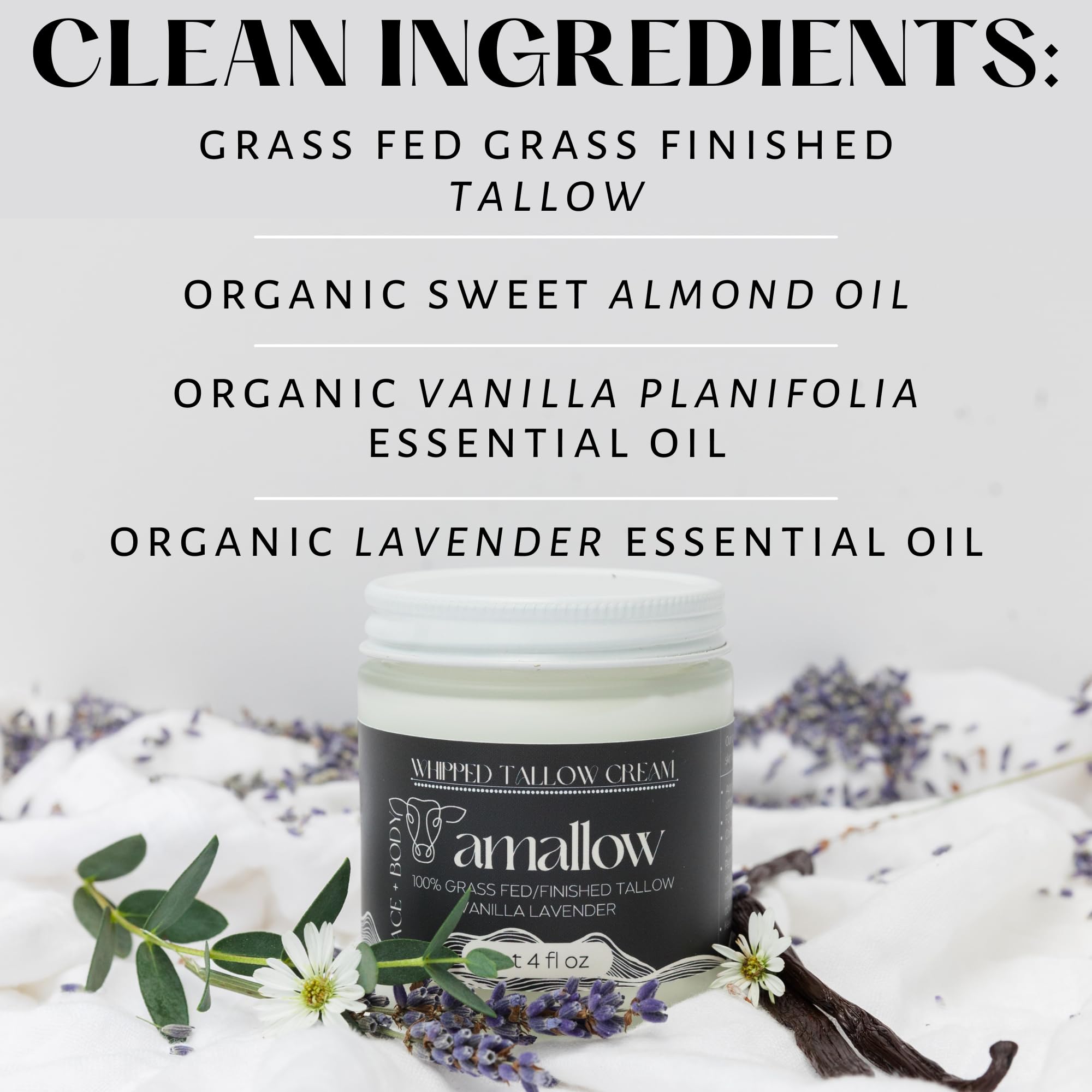 Amallow 100% Grass-Fed Beef Tallow for Skin Care – Vanilla Lavender Whipped Moisturizer, Face & Body, 4 fl oz