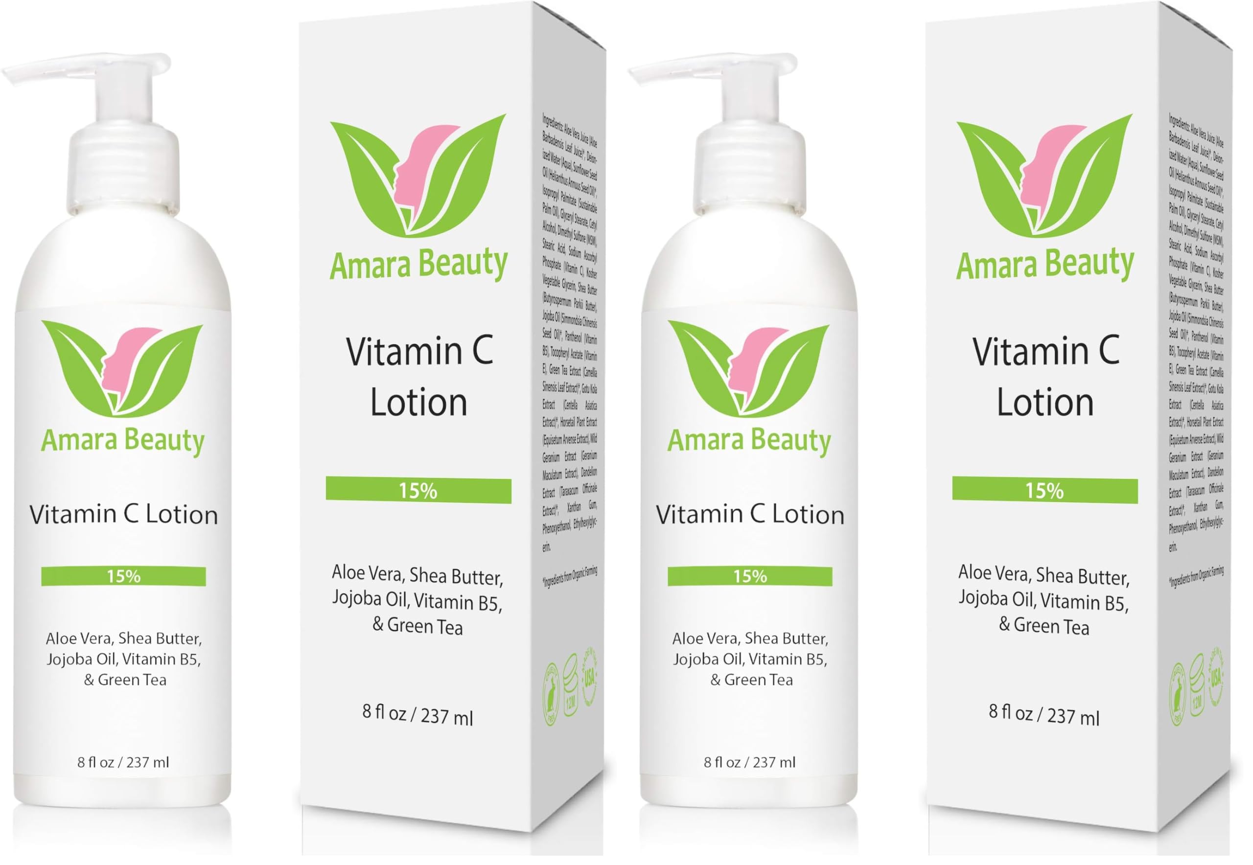 Amara Beauty Vitamin C Face & Body Lotion 15% | Shea Butter & Jojoba Oil | 8 oz (Pack of 2)