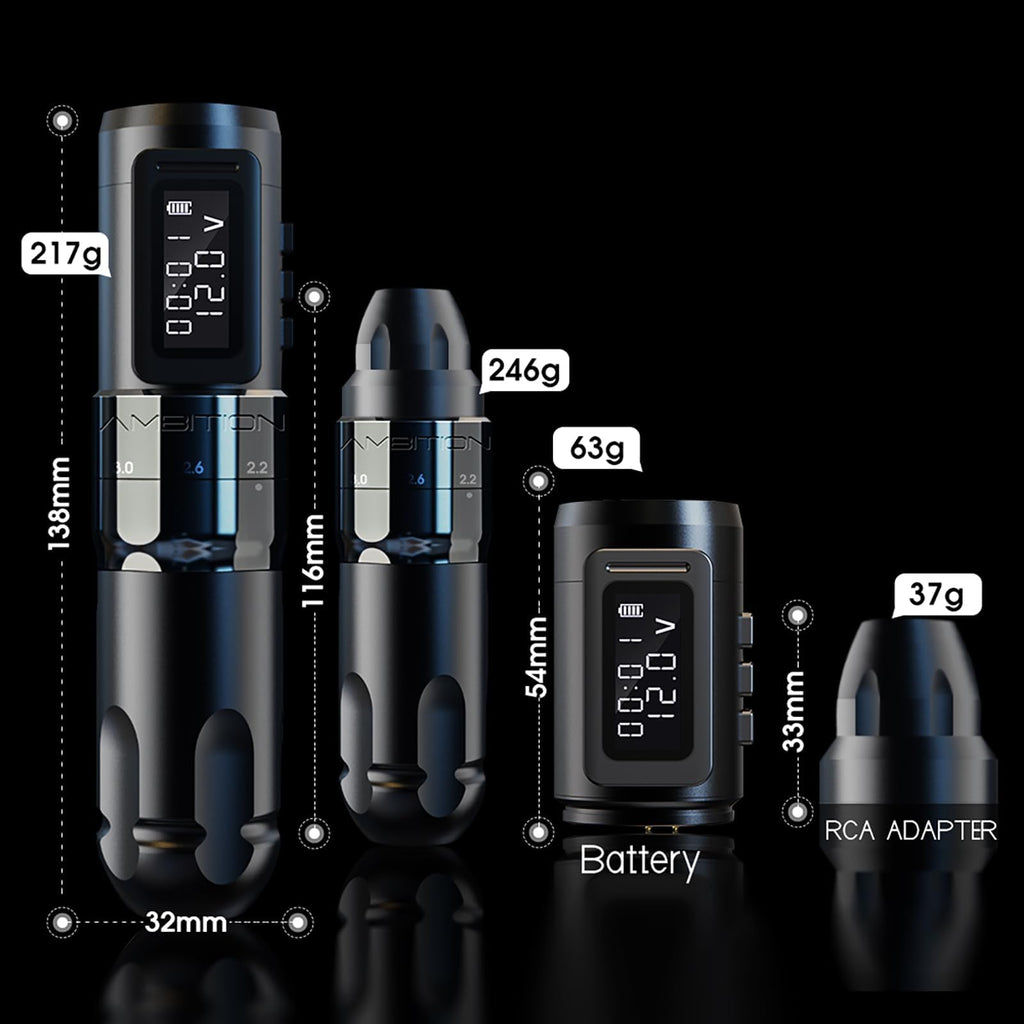 Ambition Mars-U Wireless Tattoo Machine Kit — Adjustable Stroke, 1800mAh Battery, 40 Cartridges