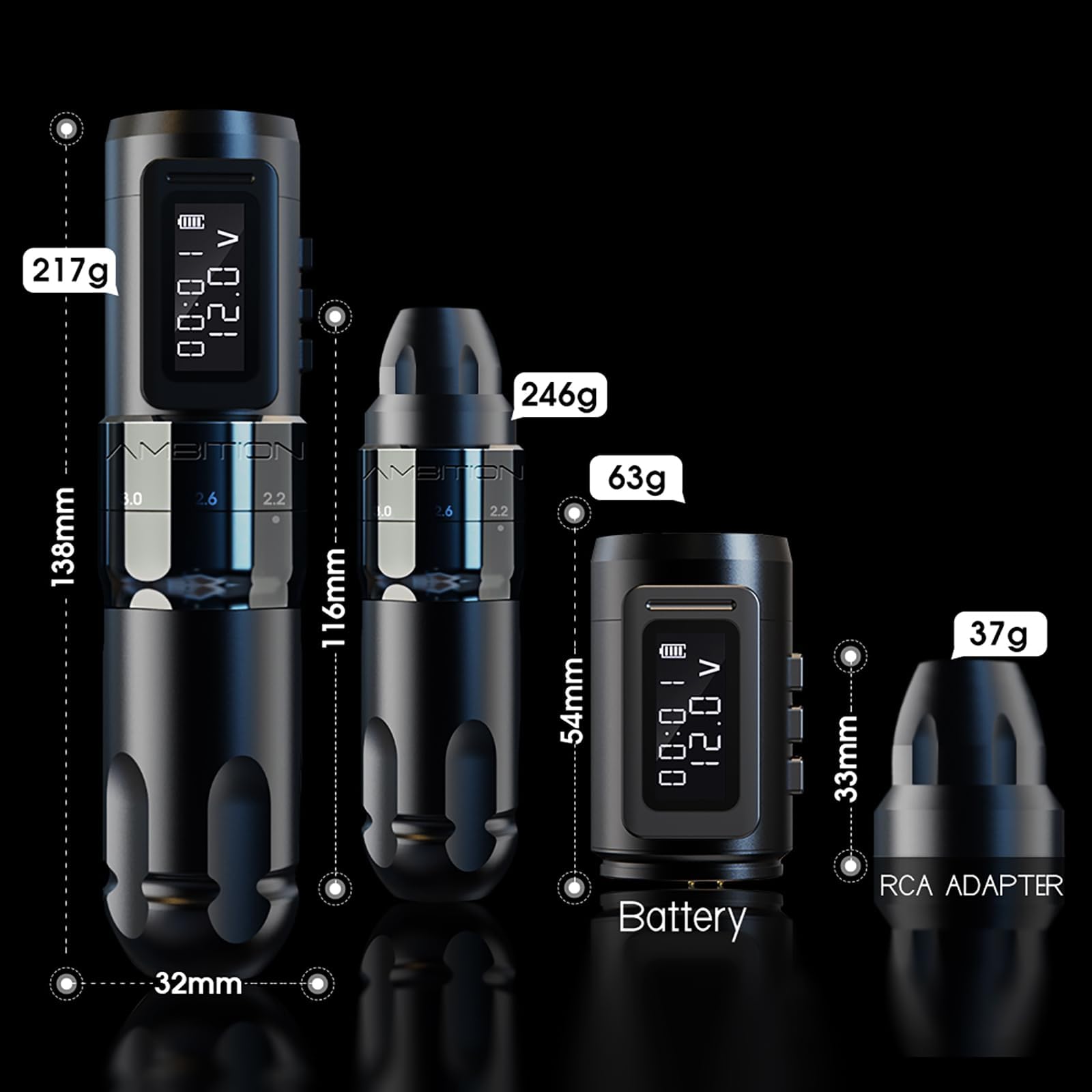 Ambition Mars-U Wireless Tattoo Machine Kit — Adjustable Stroke, 1800mAh Battery, 40 Cartridges
