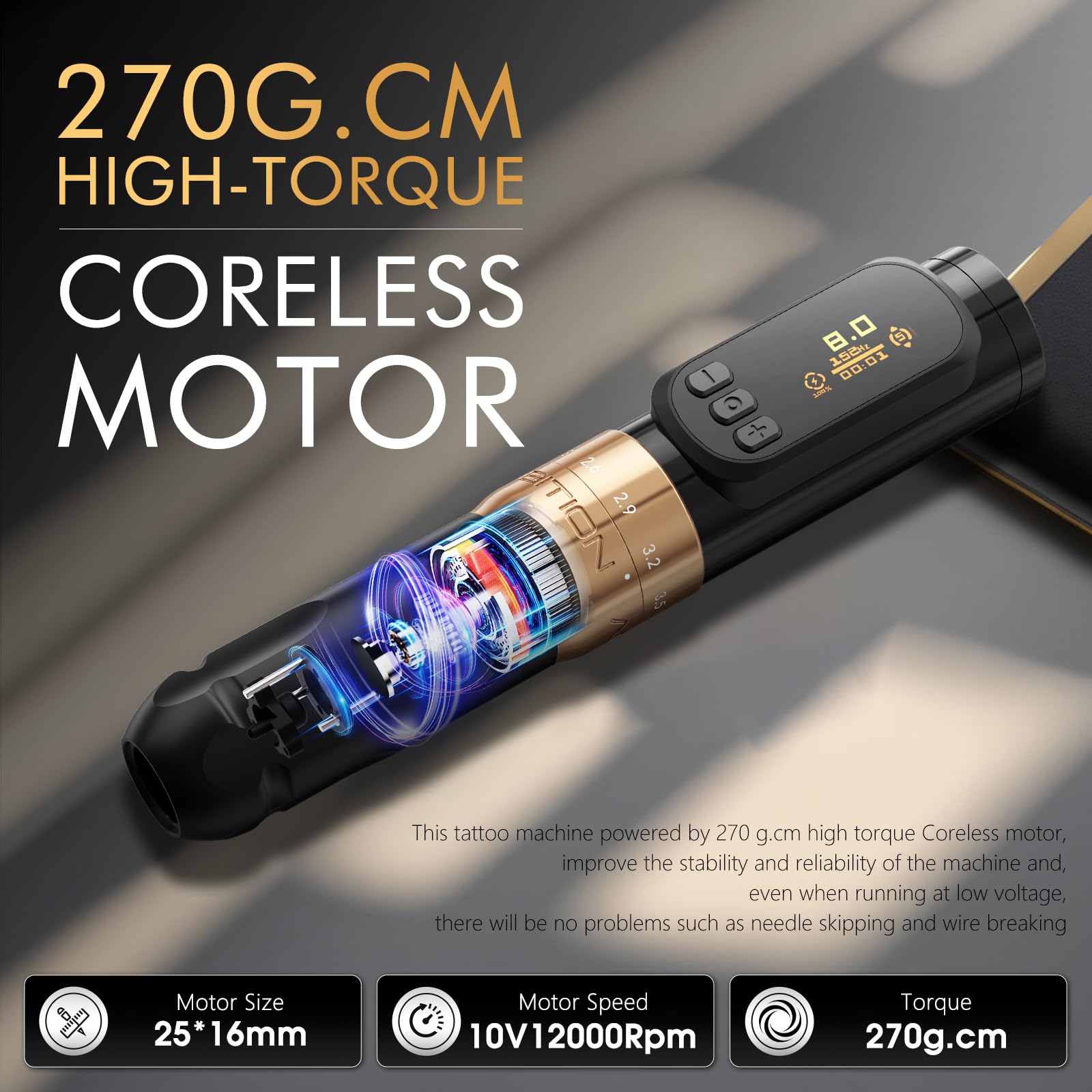 Ambition Sally 270 Wireless Rotary Tattoo Gun - Adjustable Stroke, 1300mAh Battery, Coreless Motor
