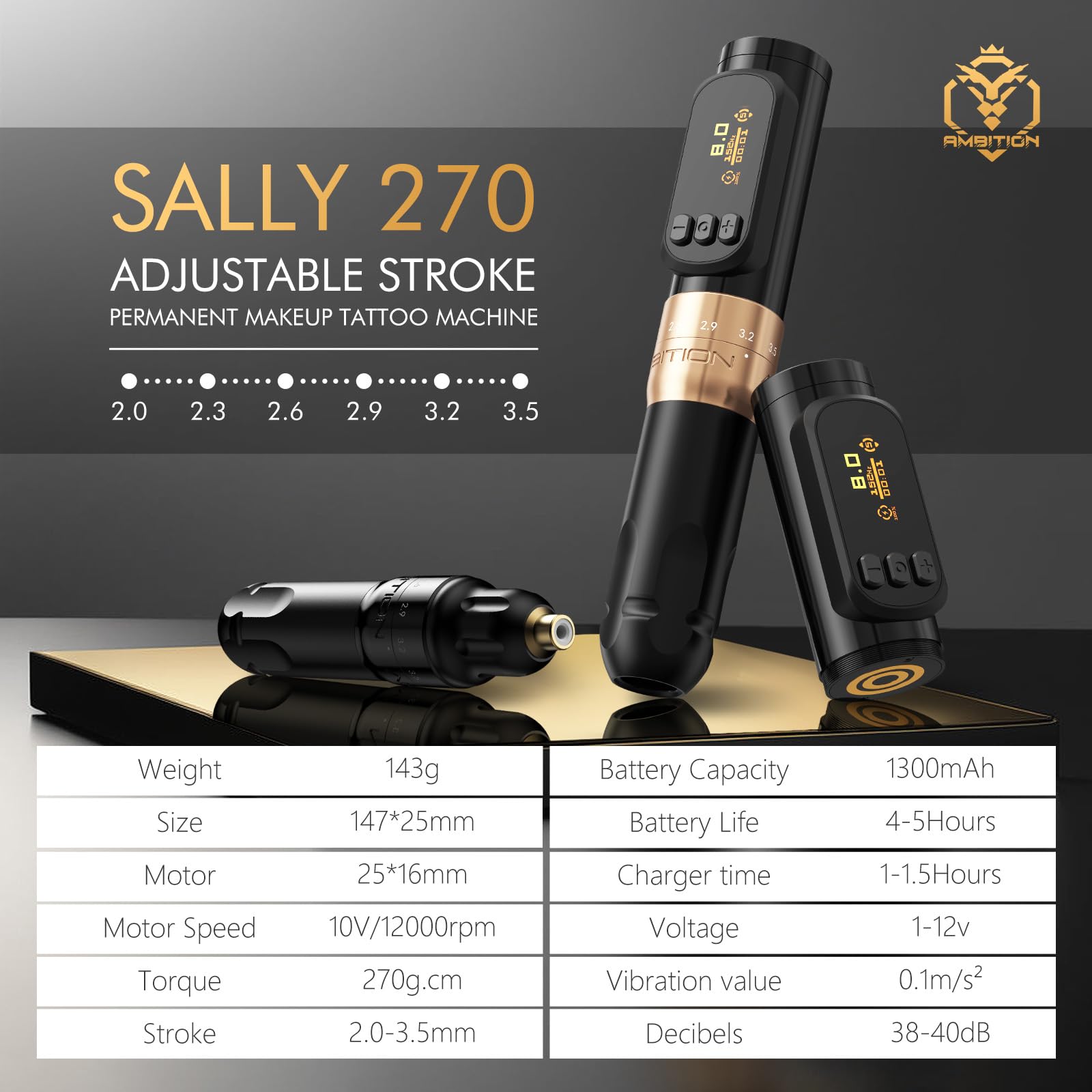 Ambition Sally 270 Wireless Rotary Tattoo Gun - Adjustable Stroke, 1300mAh Battery, Coreless Motor