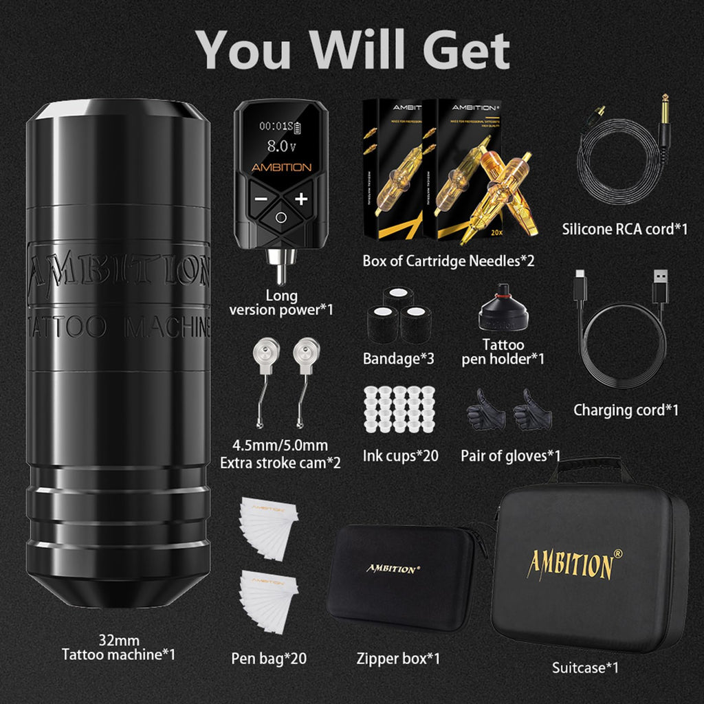Ambition Torped Tattoo Kit | Rotary Machine, 2400mAh Power Supply + 40 Cartridges