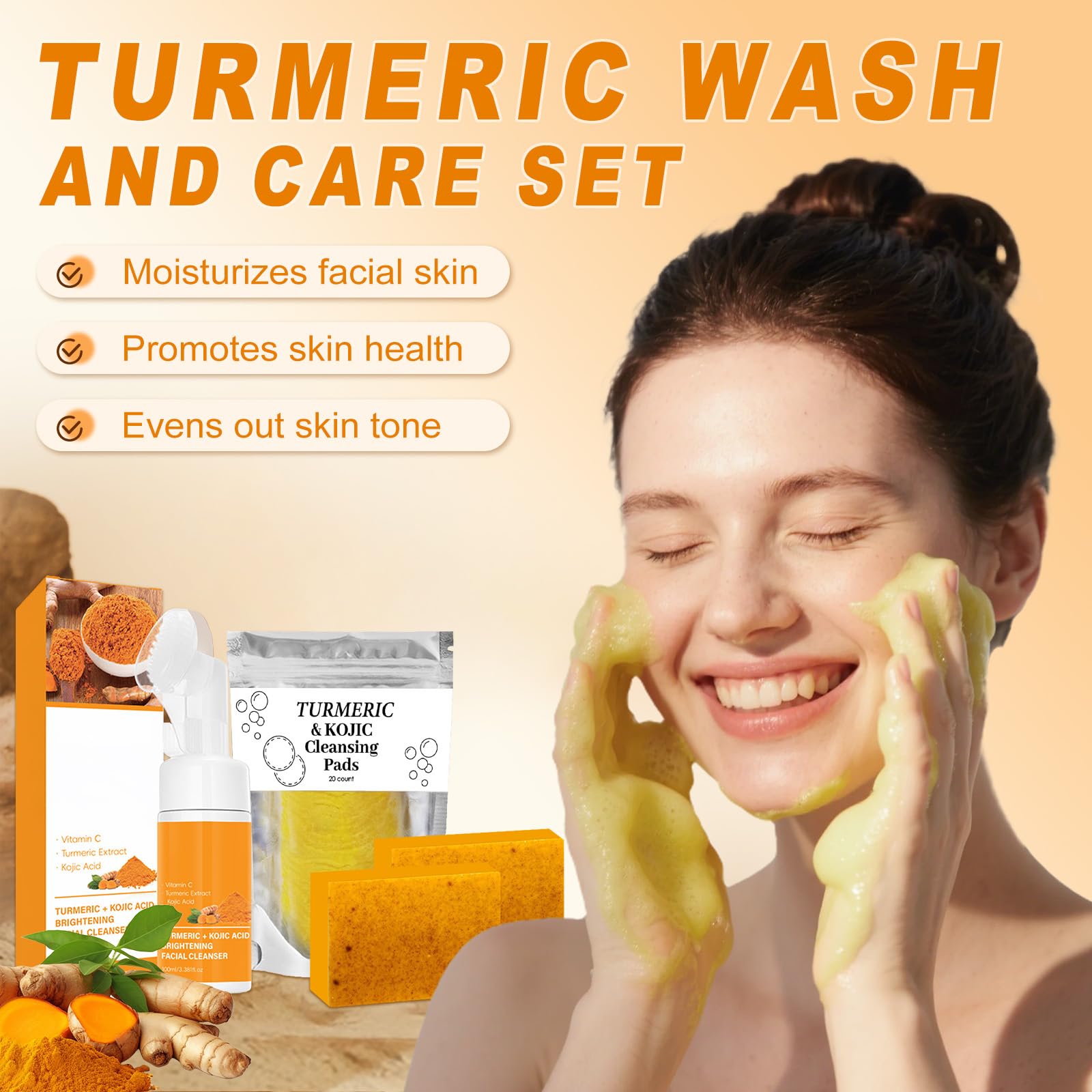 Amdele Turmeric Wash & Care Set – 4-Piece Skincare Bundle with Brush, Pads, Soap Bars & Face Cream