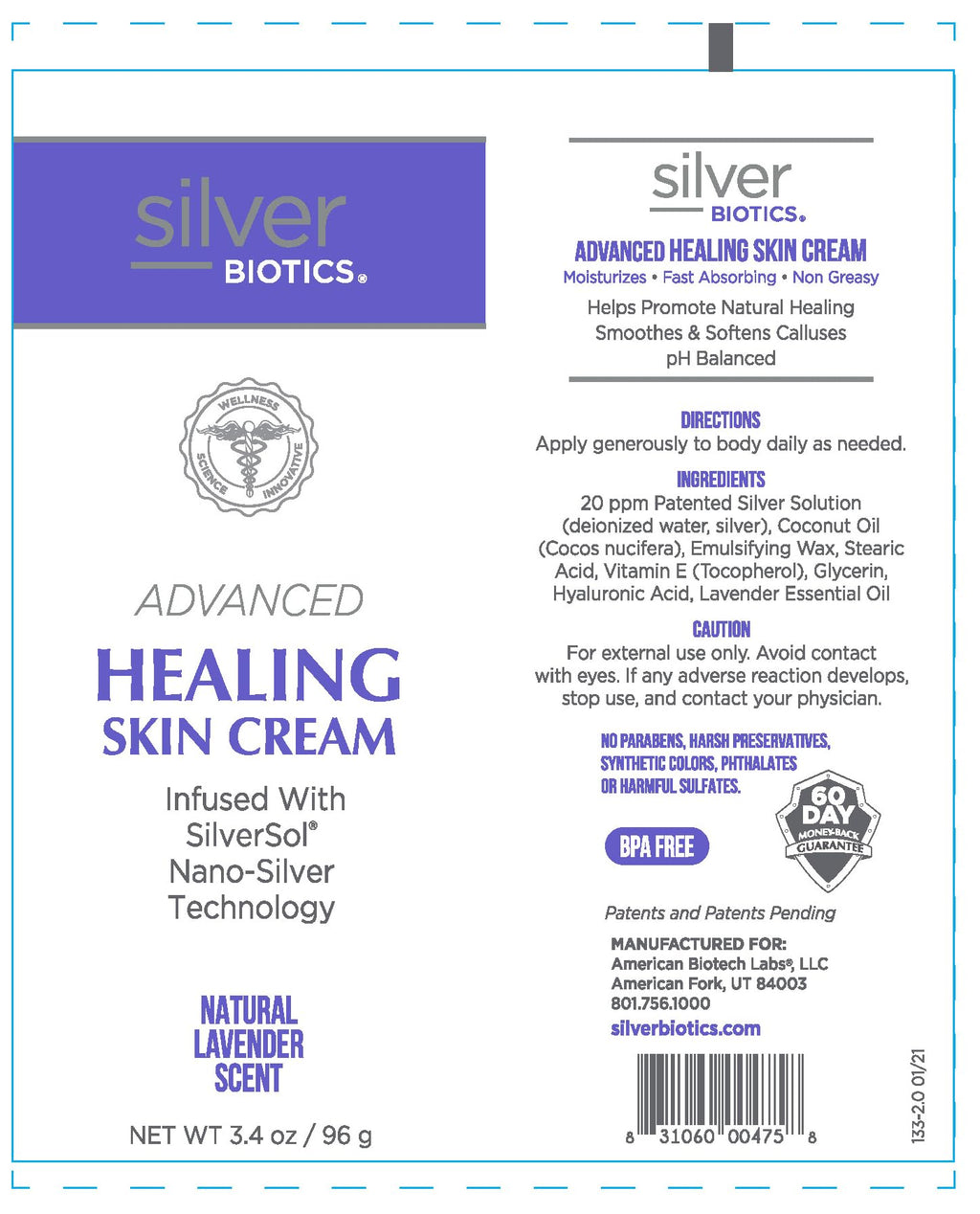 American Biotech Labs Silver Biotics Nano Silver Healing Lotion Cream — Lavender, Hyaluronic Acid (3.4 oz)