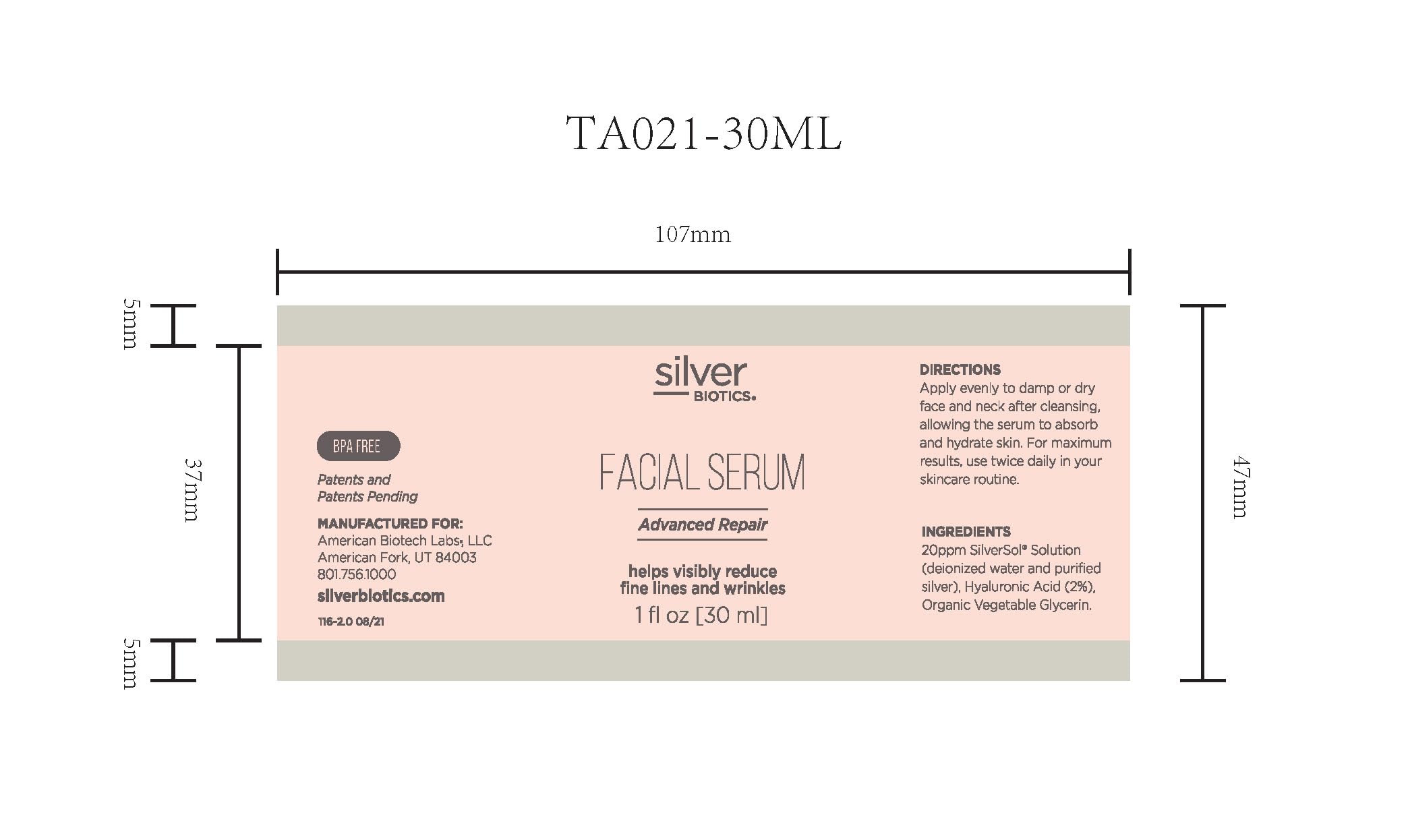American Biotech Labs Silver Biotics Facial Serum Gel | 20 PPM SilverSol + 2% Hyaluronic Acid | 1 fl oz