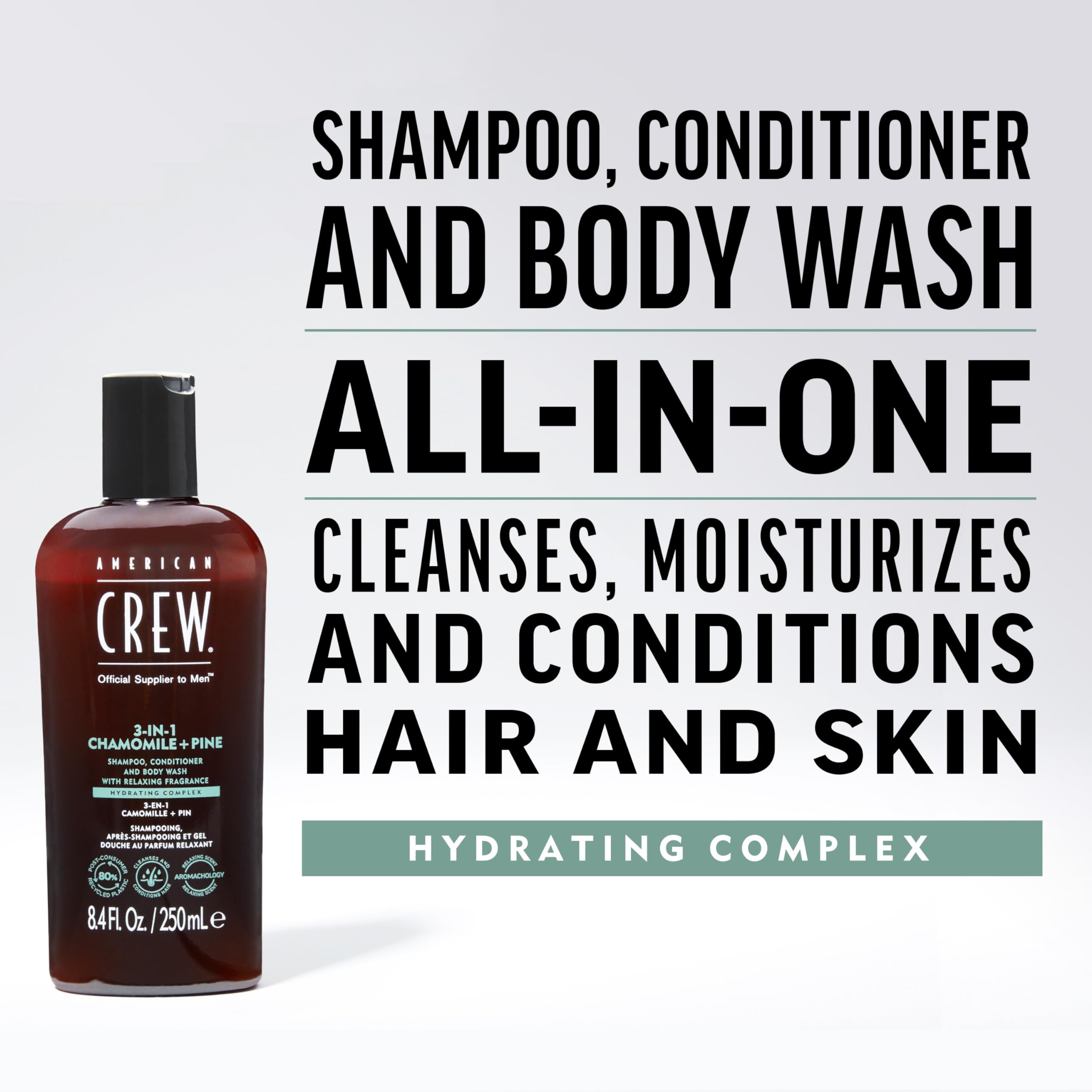AMERICAN CREW 3-in-1 Chamomile & Pine: Shampoo, Conditioner & Body Wash for Men – Calming Fragrance, 33.8 fl oz
