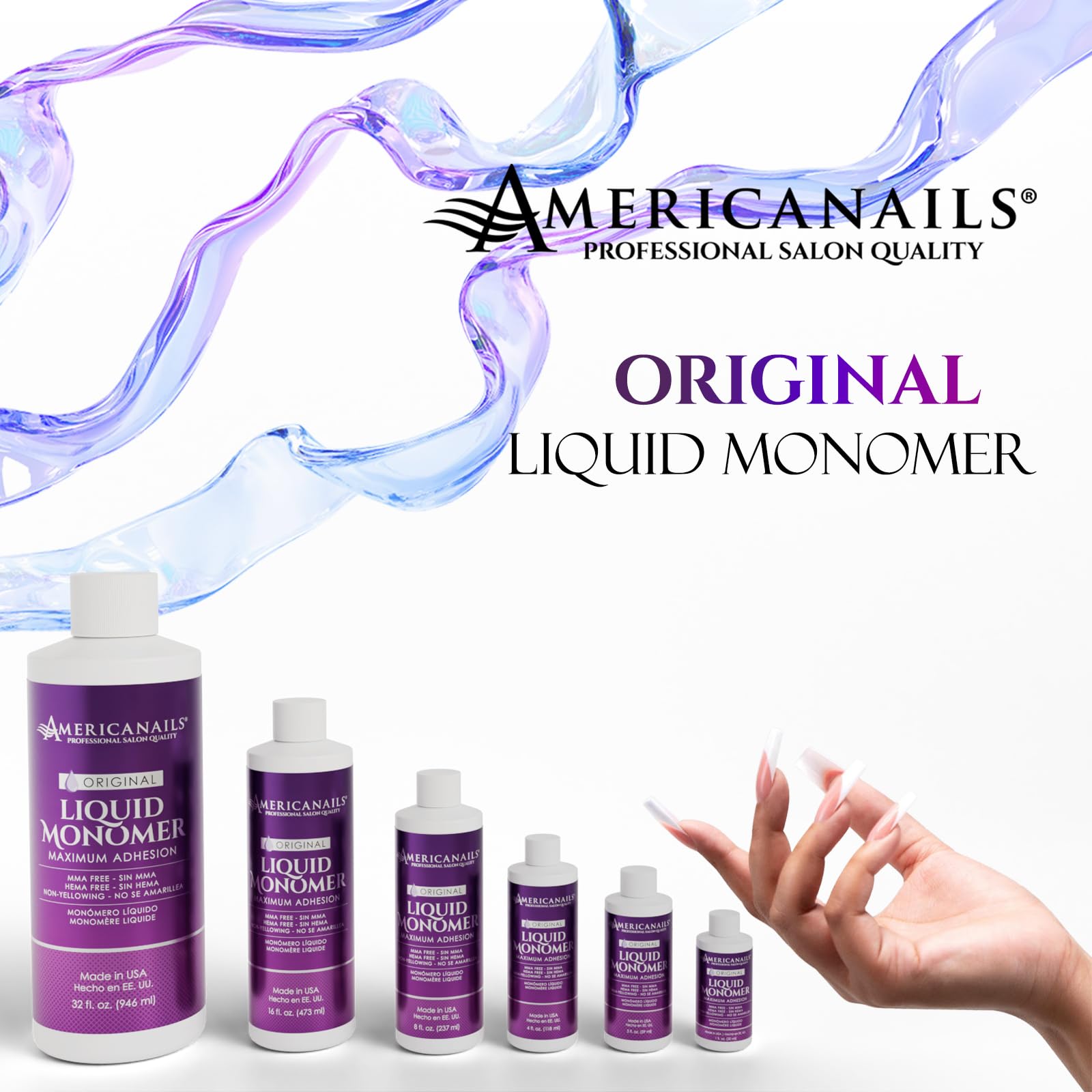 Americanails Nail Monomer Liquid - Maximum Adhesion for Acrylic Nails (8oz) - Unscented, MMA/Hema-Free, Made in USA