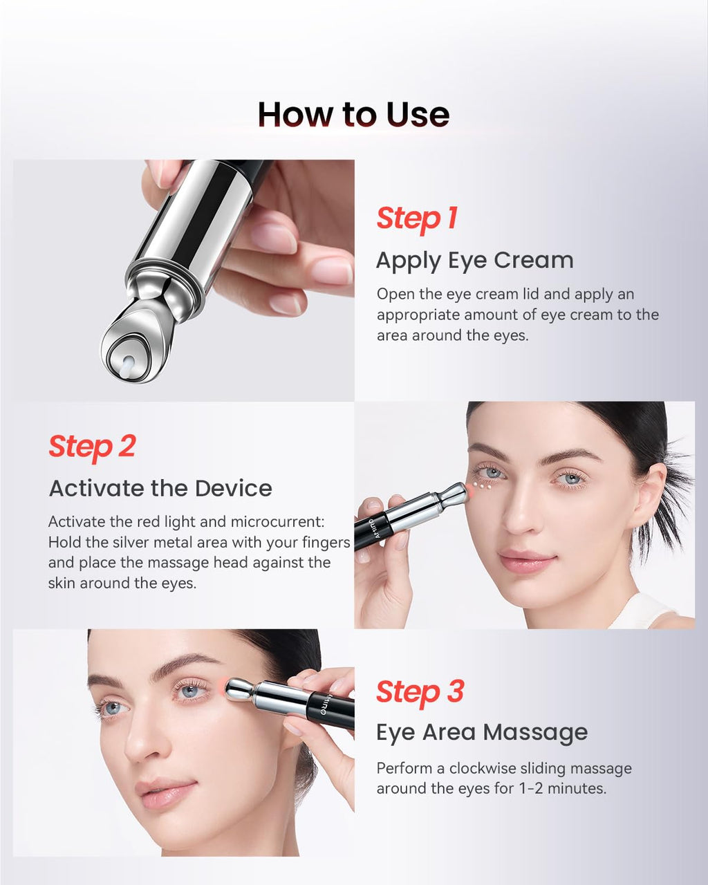 AMIRO Red Light Eye Cream with Microcurrent Massager, PDRN 0.01%, Peptide & Hyaluronic Acid Formula – Hydrating & Firming Under Eye Serum