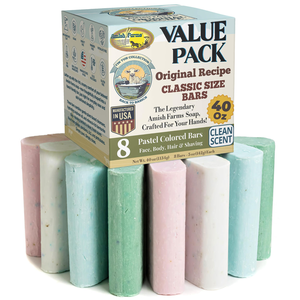 Amish Farms Soap Value Pack — 8 Easy-To-Grip Hydrating Bars | Cold-Process, USA Made for Sensitive Skin