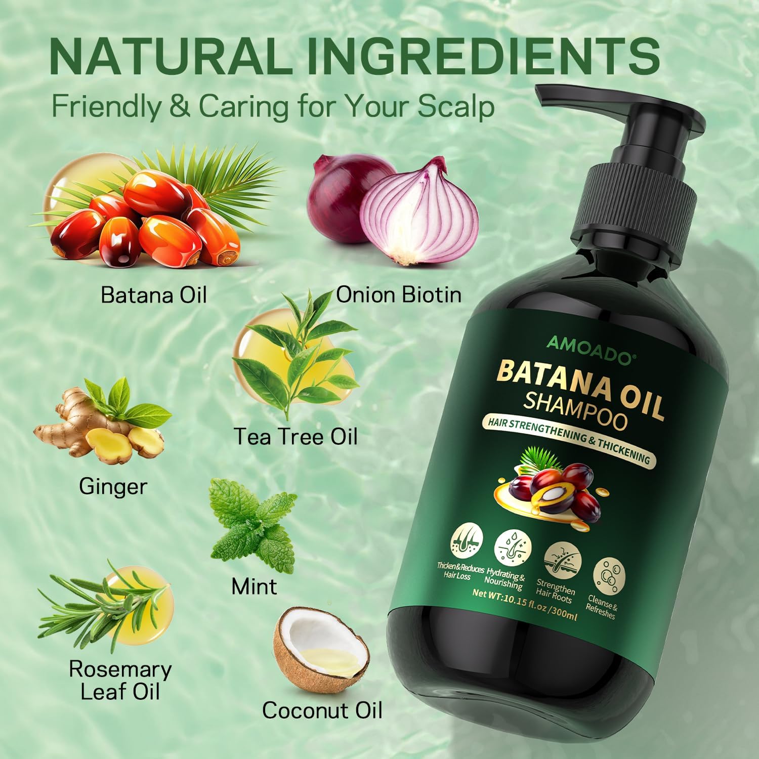 AMOADO Batana Oil Shampoo for Hair Growth & Thickening – Sulfate Free, Rosemary, Tea Tree & Mint, 10.15 fl oz