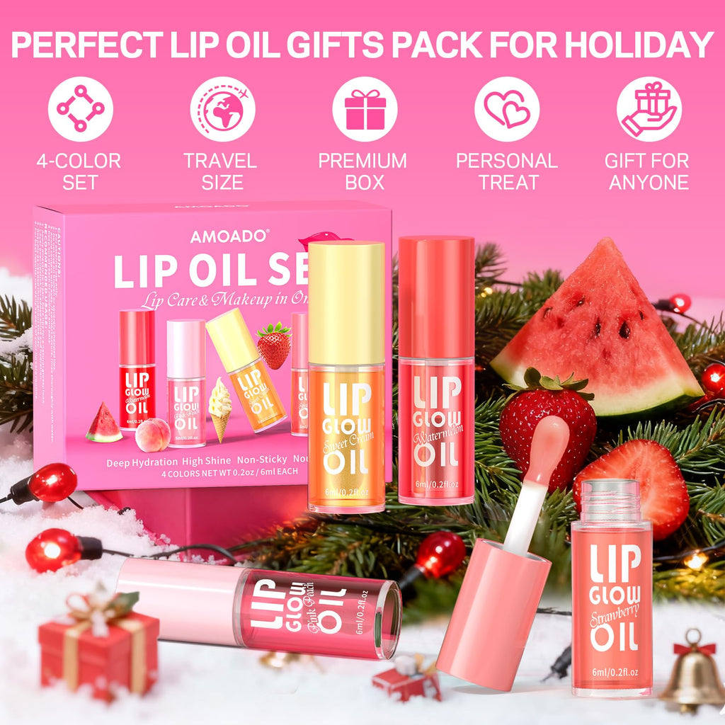 AMOADO Lip Oil Gift Set – Hydrating, Non-Sticky Glossy Tint in 4 Fruity Shades