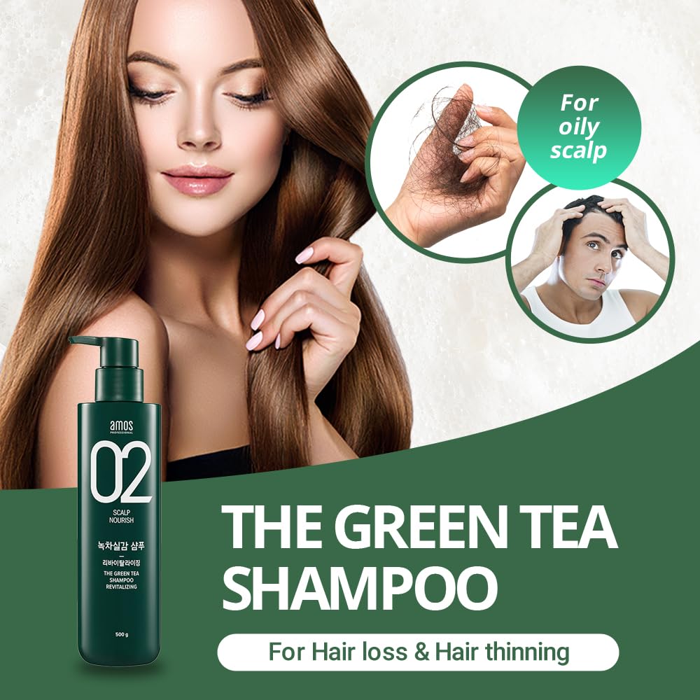 AMOS PROFESSIONAL The Green Tea Shampoo Refresh for Oily Scalp – 17.6oz (500g) | Silicone-Free Hair Growth Shampoo