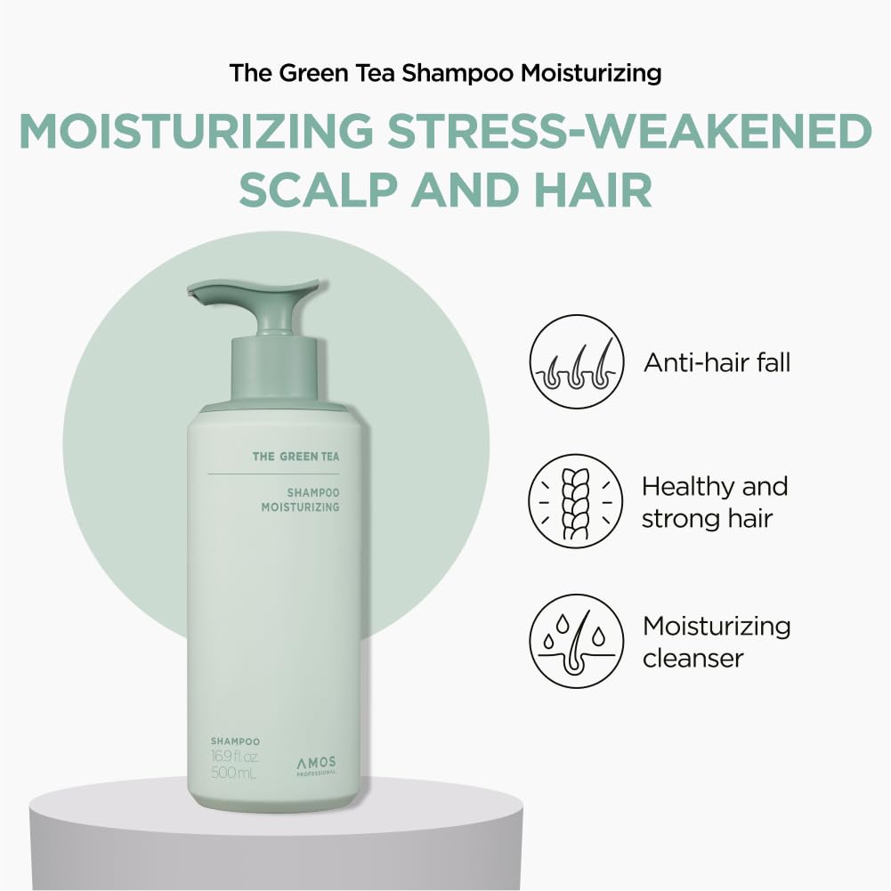 AMOS PROFESSIONAL Green Tea Shampoo for Thinning Hair — Moisturizing Korean Shampoo for Dry Scalp & Volume