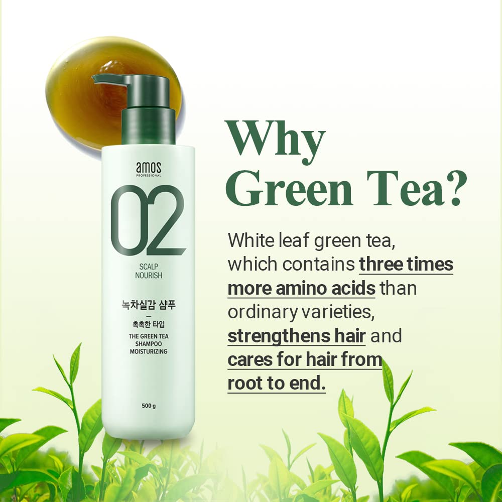 AMOS PROFESSIONAL Green Tea Shampoo – Moisturizing for Normal/Dry Scalp | Anti-Thinning & Hair Strength (17.6oz)