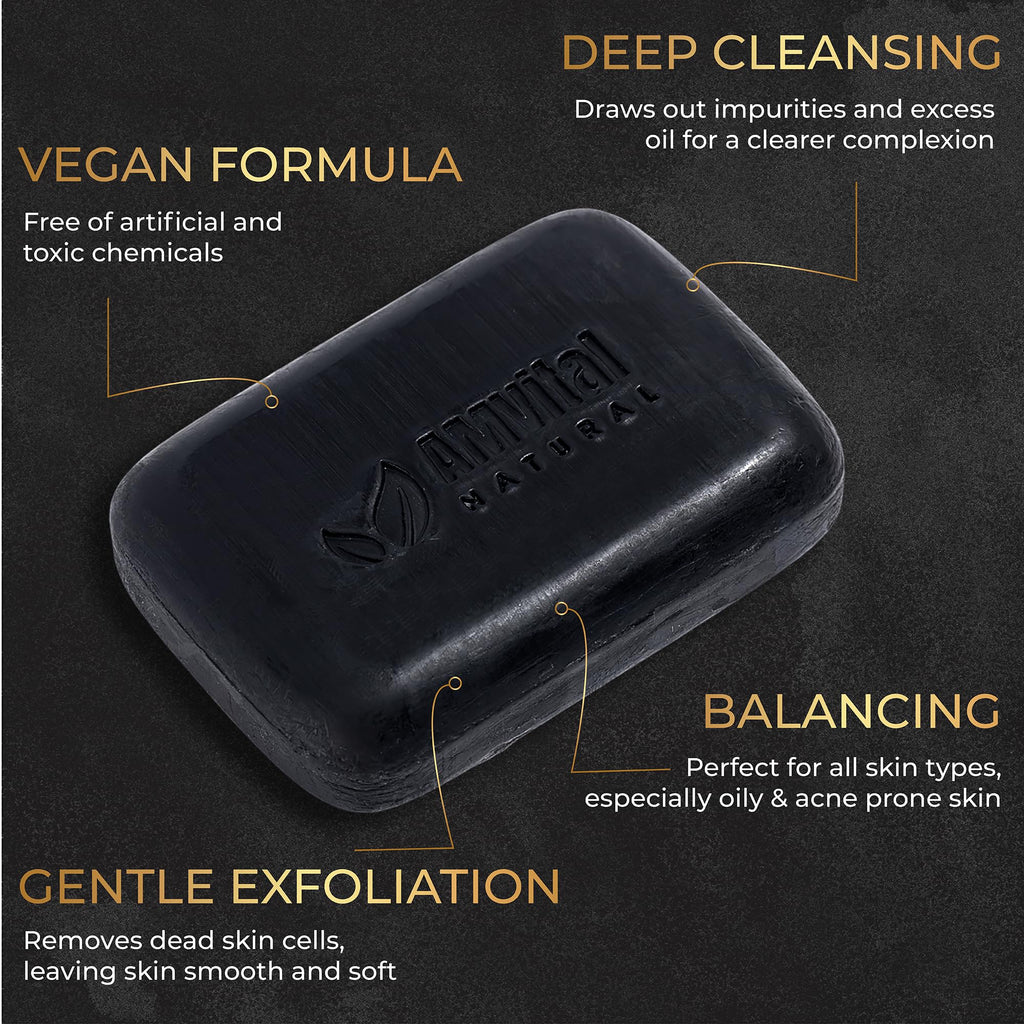 AMVital Natural Charcoal Soap Bar Set - 3-Pack | Plant-Based Face & Body Cleanser