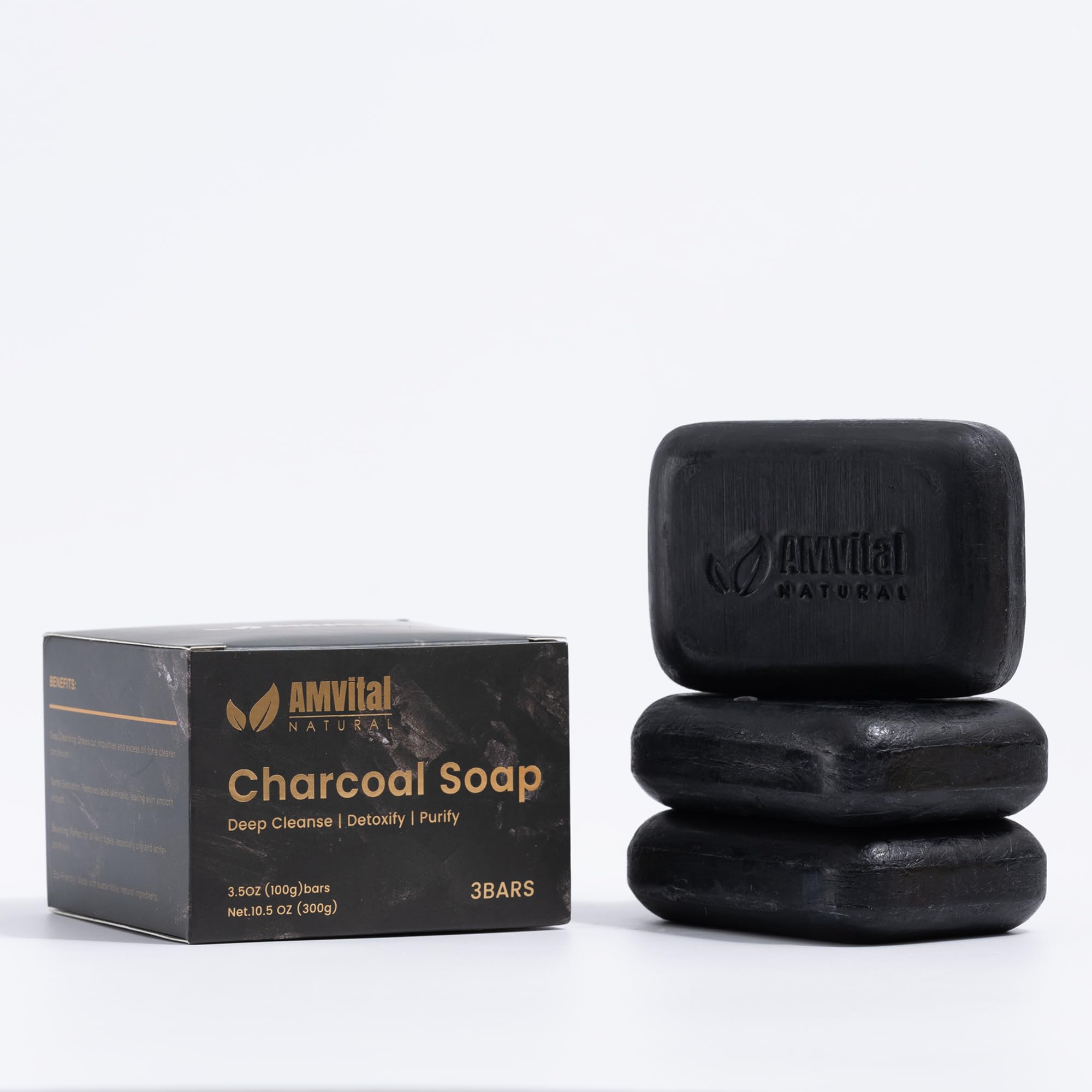 AMVital Natural Charcoal Soap Bar Set - 3-Pack | Plant-Based Face & Body Cleanser