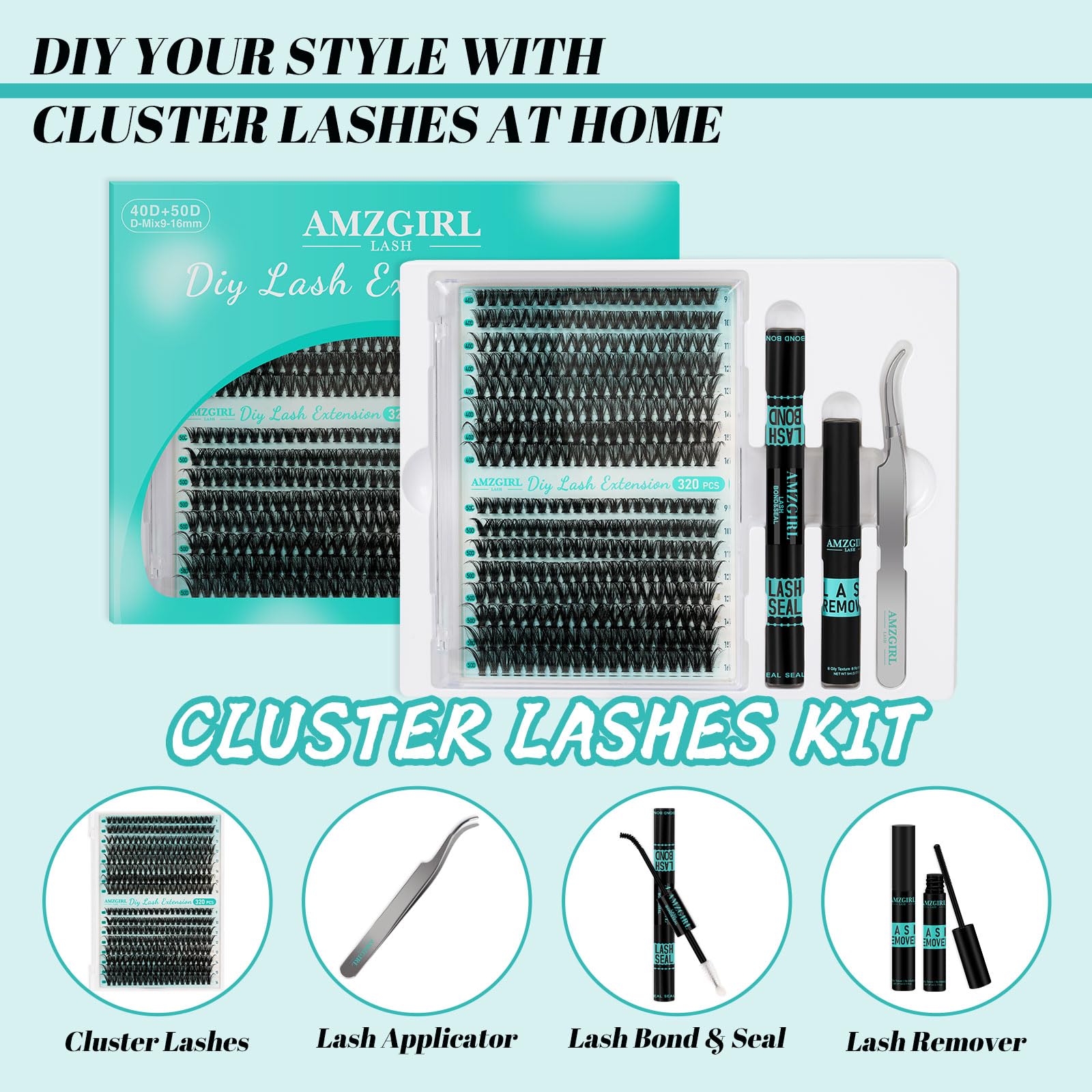 AMZGIRL LASH Lash Extension Kit — 320Pcs DIY Lash Clusters, Bond & Seal, Remover, Applicator (9–16mm, 40D/50D)