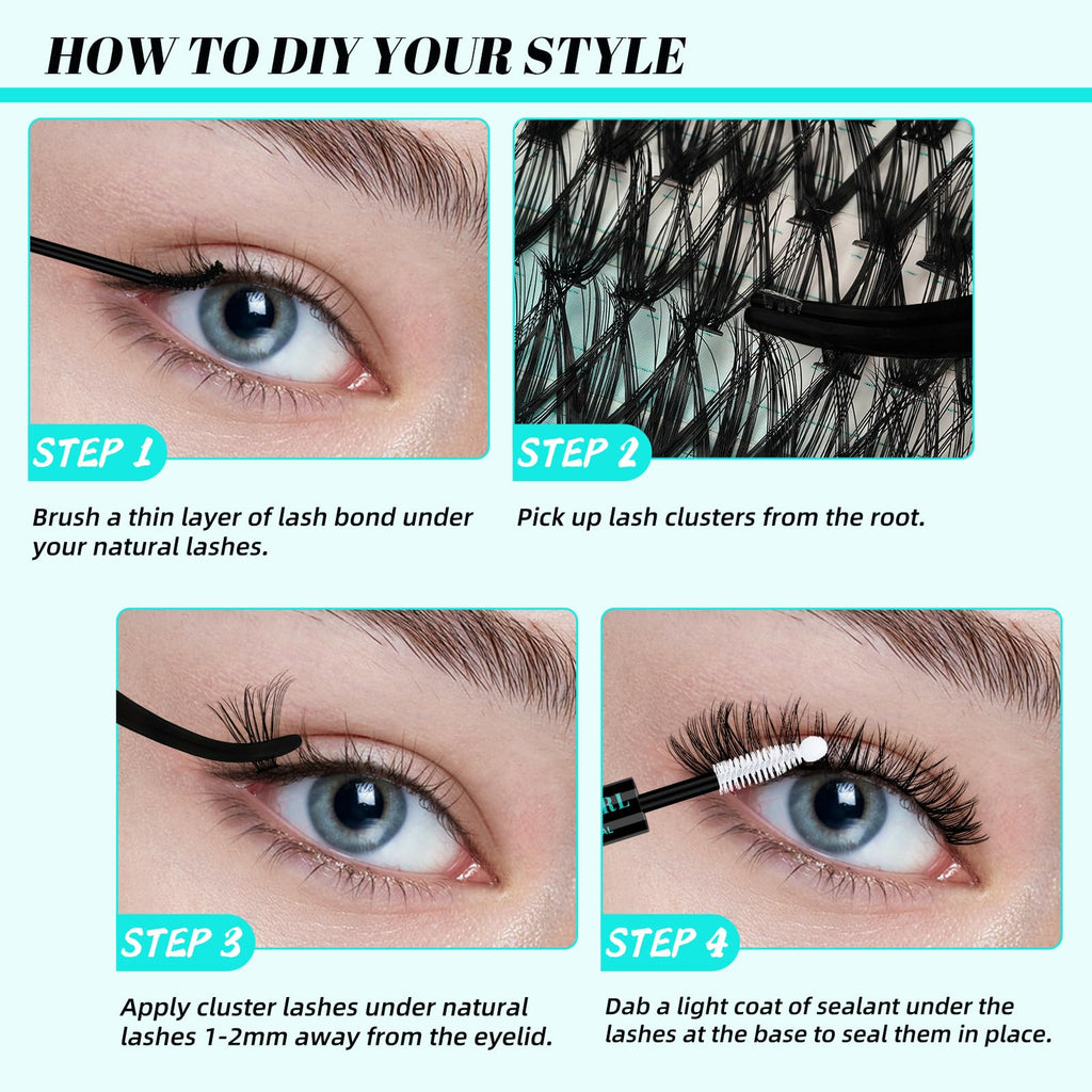 AMZGIRL LASH Lash Clusters Kit 320pcs — 9-16mm D Curl, Bond & Seal, Remover & Applicator