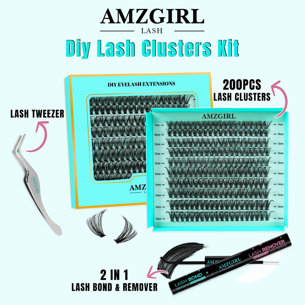 AMZGIRL LASH Lash Extension Kit 200Pcs – DIY Clusters 9-16mm with Bond & Remover