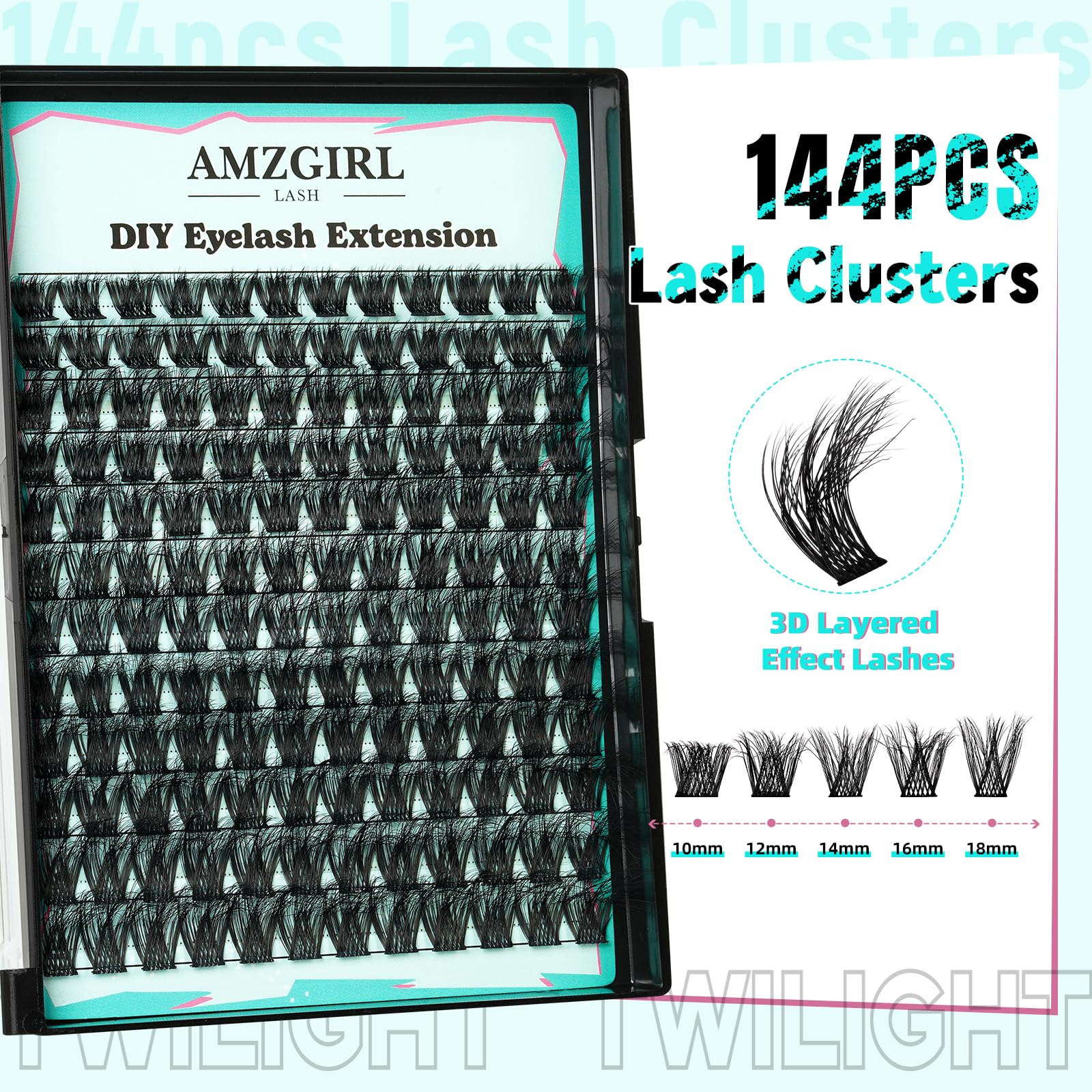 AMZGIRL LASH Lash Extension Kit 3D Clusters – 144pcs, D-Curl, Twilight