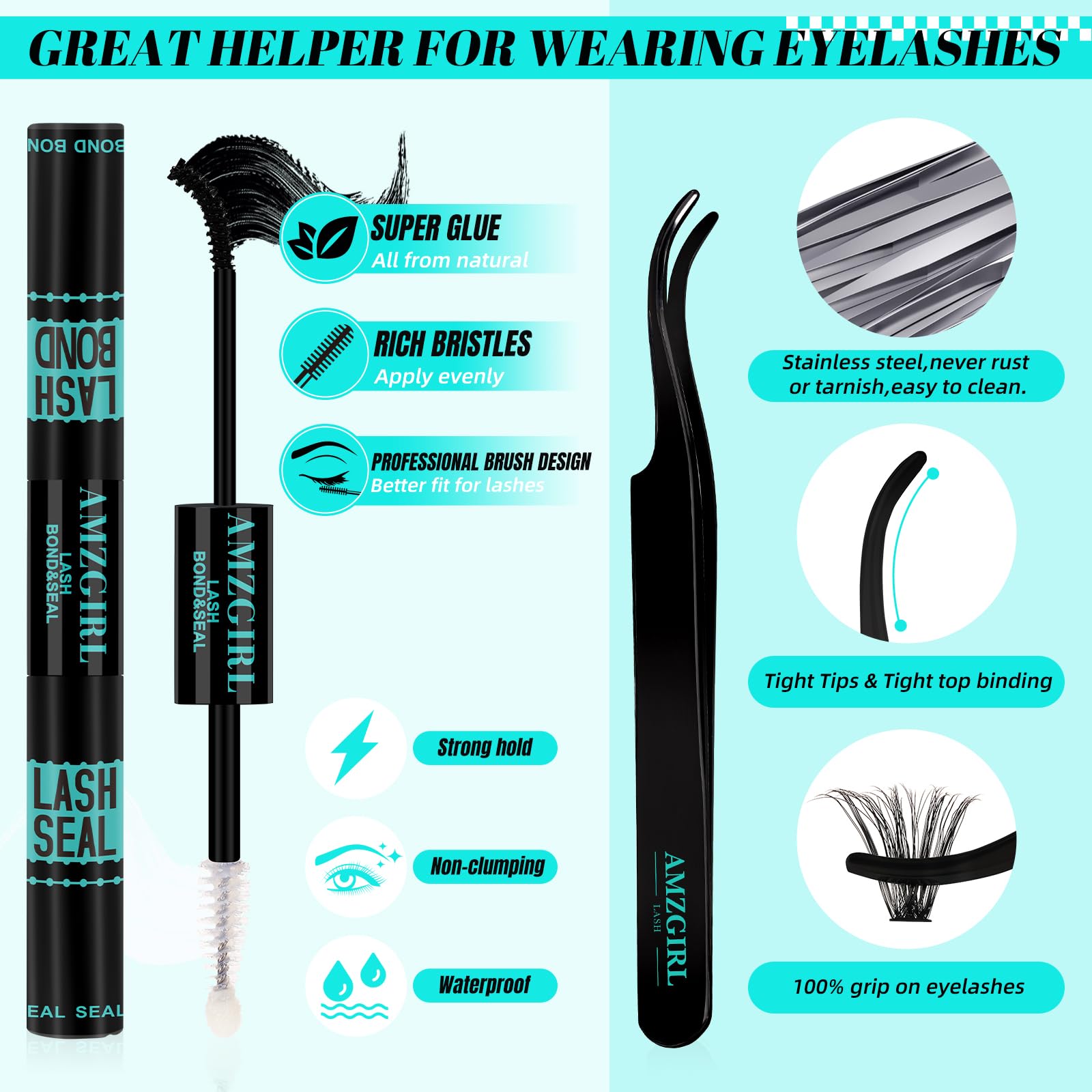 AMZGIRL LASH Lash Clusters Kit 280Pcs – DIY Eyelash Extensions 60D/80D, Bond & Seal, Remover, Applicator