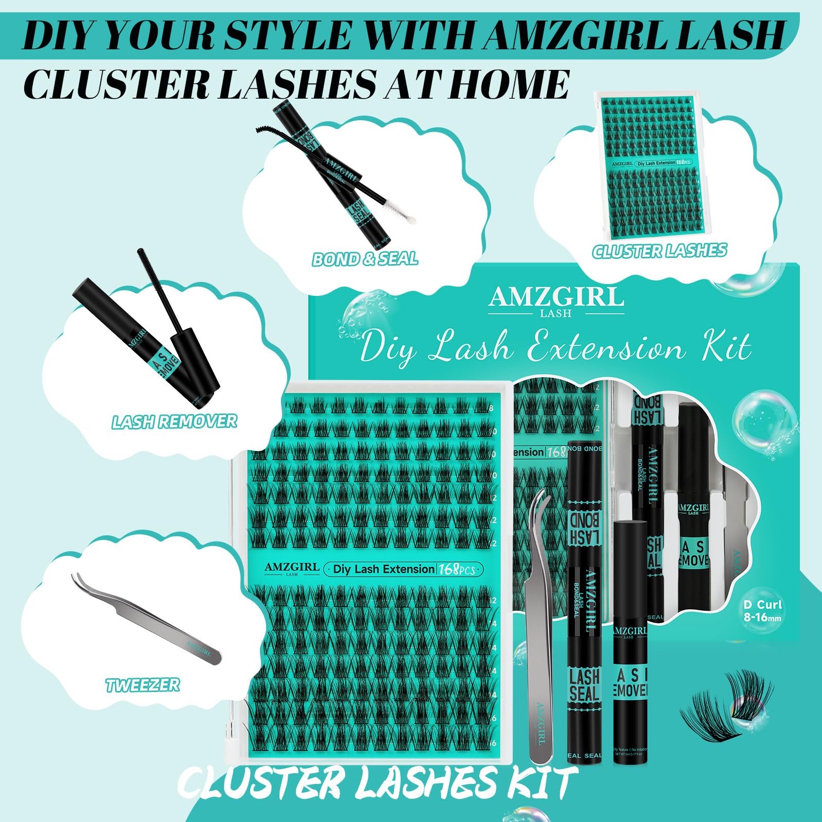 AMZGIRL LASH Lash Extension Kit — 168Pcs DIY Cluster Lashes with Bond, Seal, Remover & Applicator