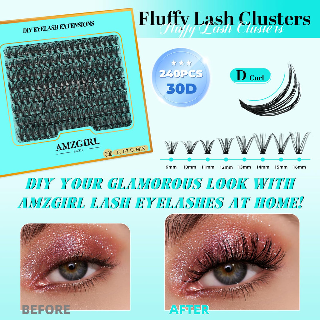 AMZGIRL LASH Lash Clusters 240pcs – DIY D-Curl 9-16mm for Beginners at Home