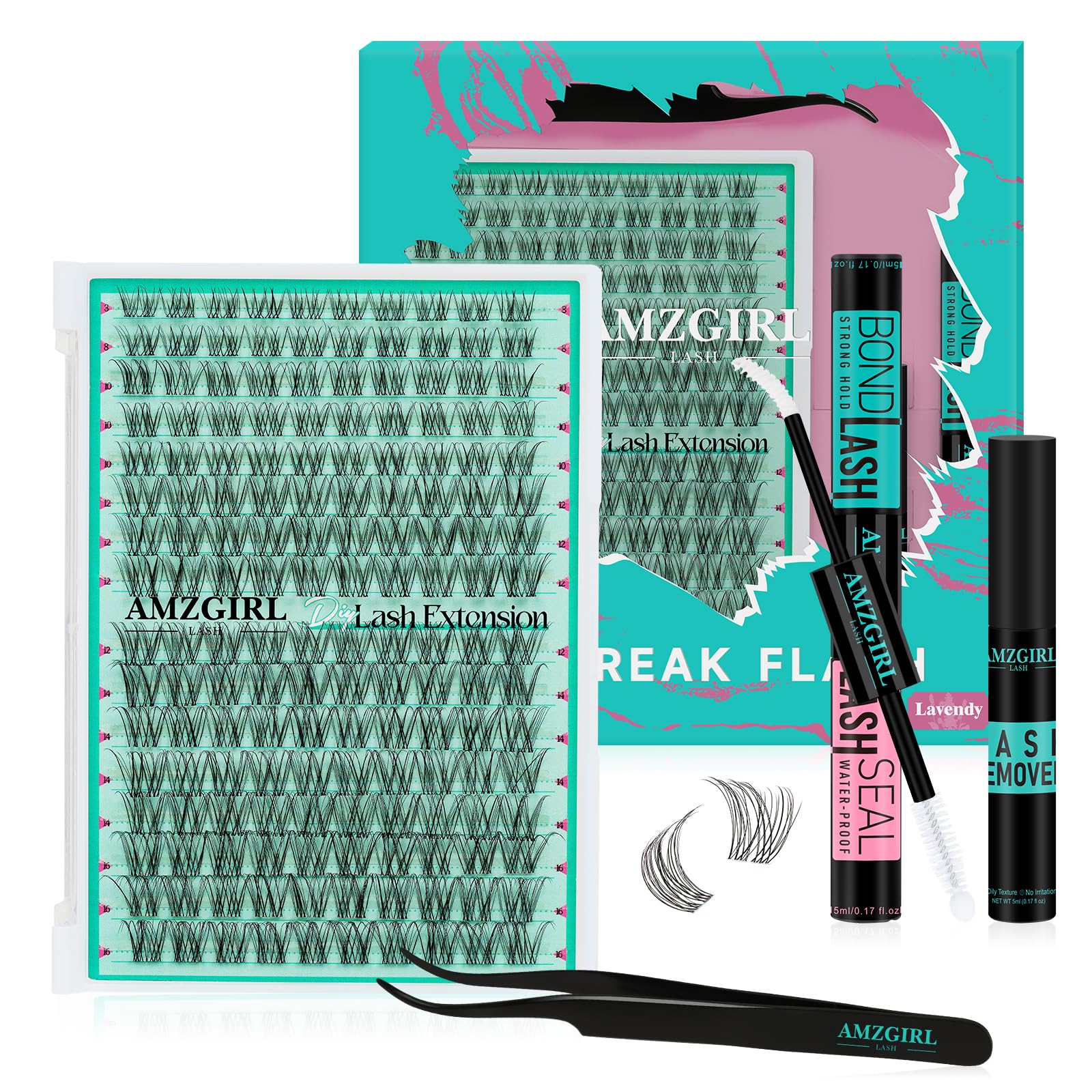 AMZGIRL LASH Lash Clusters Kit – 160 Natural Clusters + Bond & Seal, Remover, at-Home Lash Extensions (Lavendy, Kit)