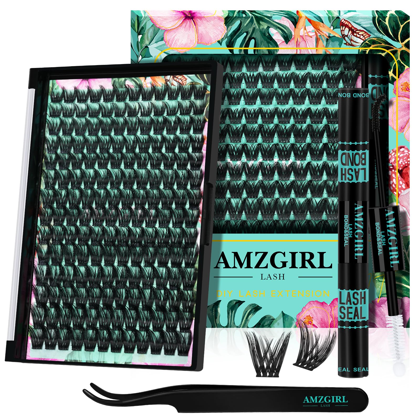 AMZGIRL LASH Lash Clusters Kit 168pcs — Natural Look, Bond & Seal, Waterproof, Tweezers (10–18mm)