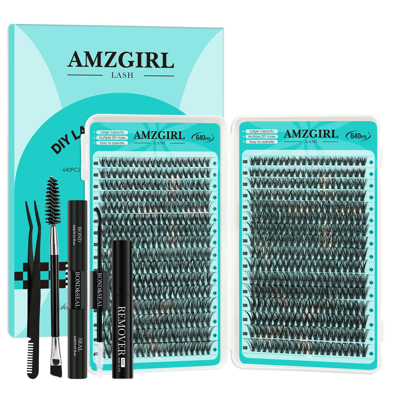 AMZGIRL LASH Lash Clusters Kit 640Pcs | DIY Lash Extensions 40D/50D 9-16mm