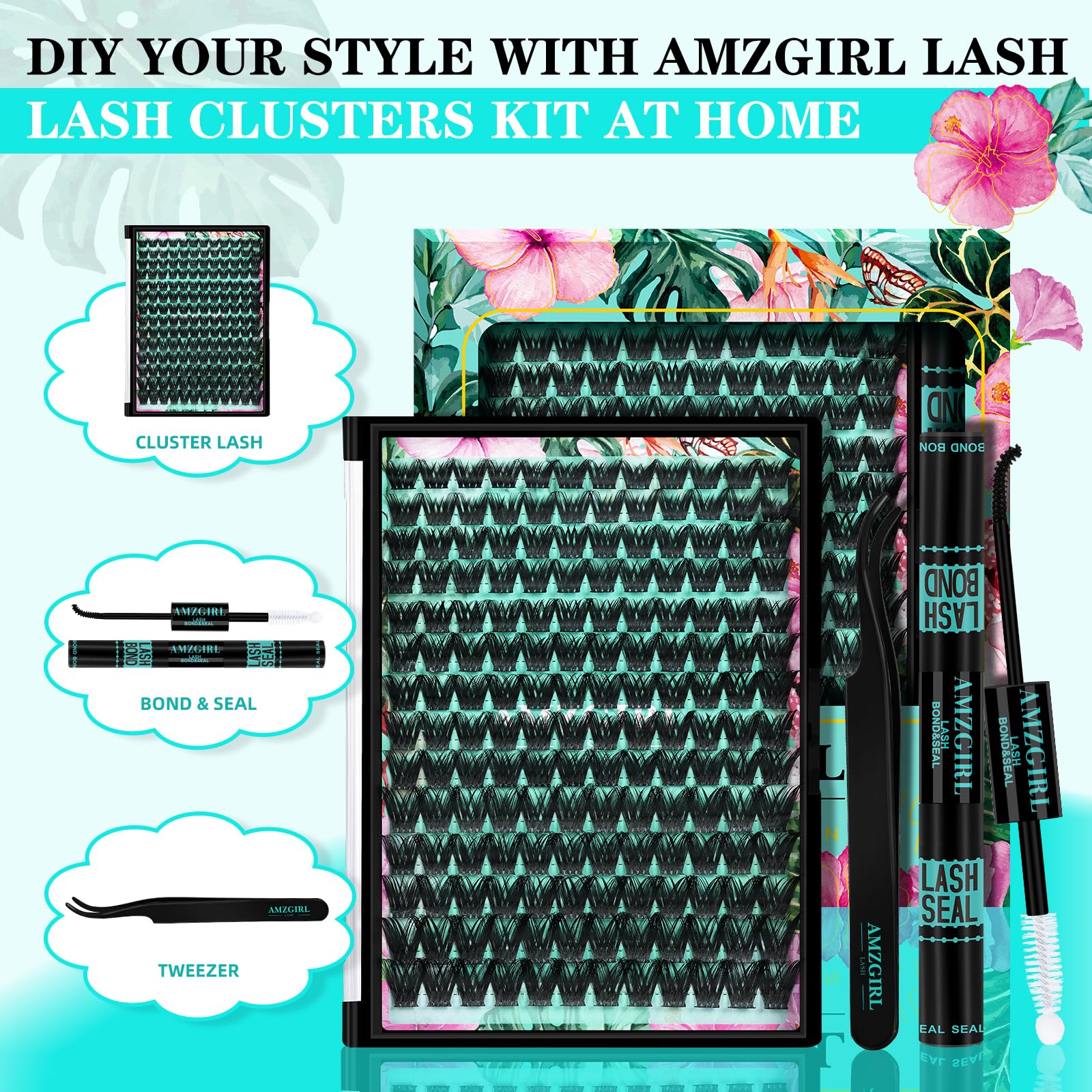 AMZGIRL LASH Lash Clusters Kit 168pcs — Natural Look, Bond & Seal, Waterproof, Tweezers (10–18mm)