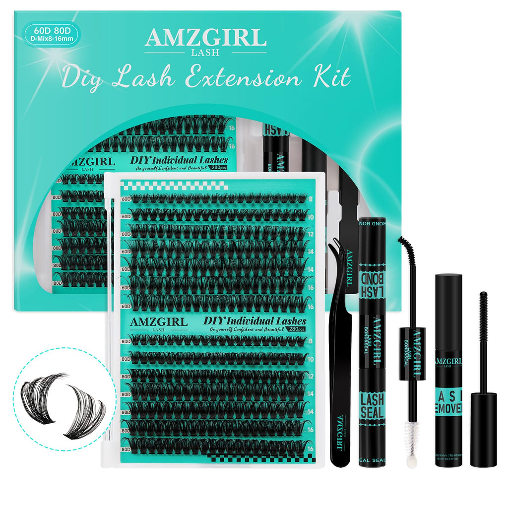 AMZGIRL LASH Lash Clusters Kit 280Pcs – DIY Eyelash Extensions 60D/80D, Bond & Seal, Remover, Applicator