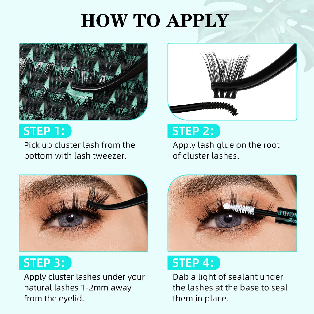 AMZGIRL LASH Lash Clusters Kit 168pcs — Natural Look, Bond & Seal, Waterproof, Tweezers (10–18mm)
