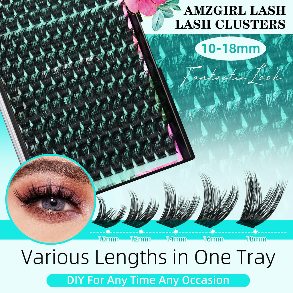 AMZGIRL LASH Lash Clusters Kit 168pcs — Natural Look, Bond & Seal, Waterproof, Tweezers (10–18mm)