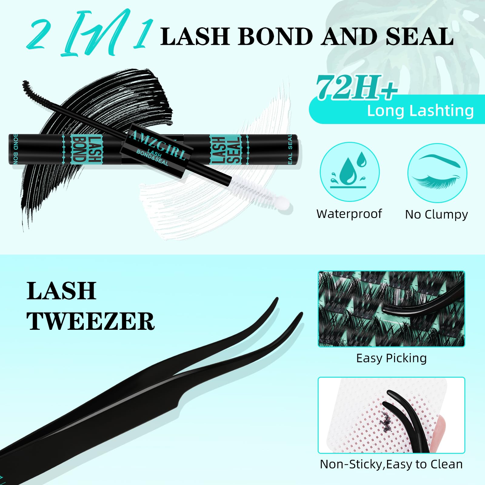 AMZGIRL LASH Lash Clusters Kit 168pcs — Natural Look, Bond & Seal, Waterproof, Tweezers (10–18mm)