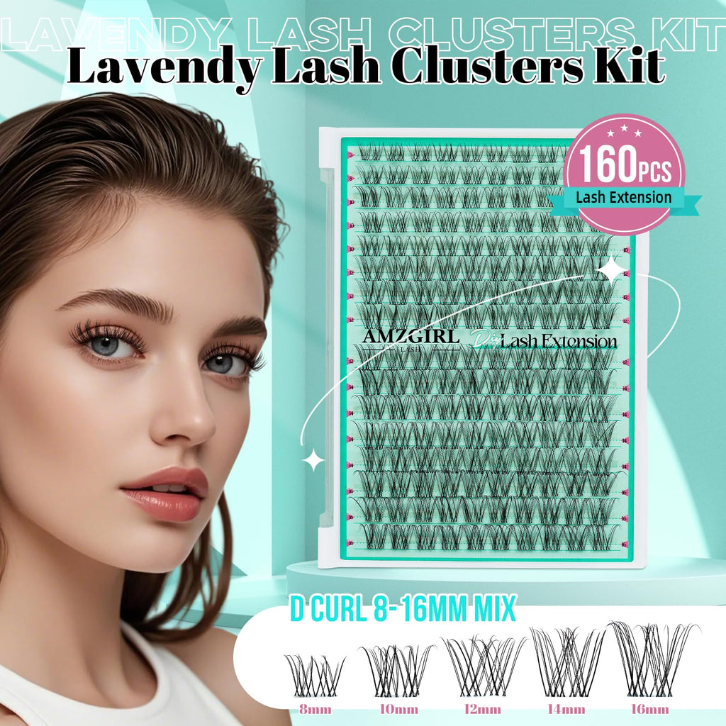 AMZGIRL LASH Lash Clusters 160pcs — Invisible Band, 8-16mm, D-Curl Wispy