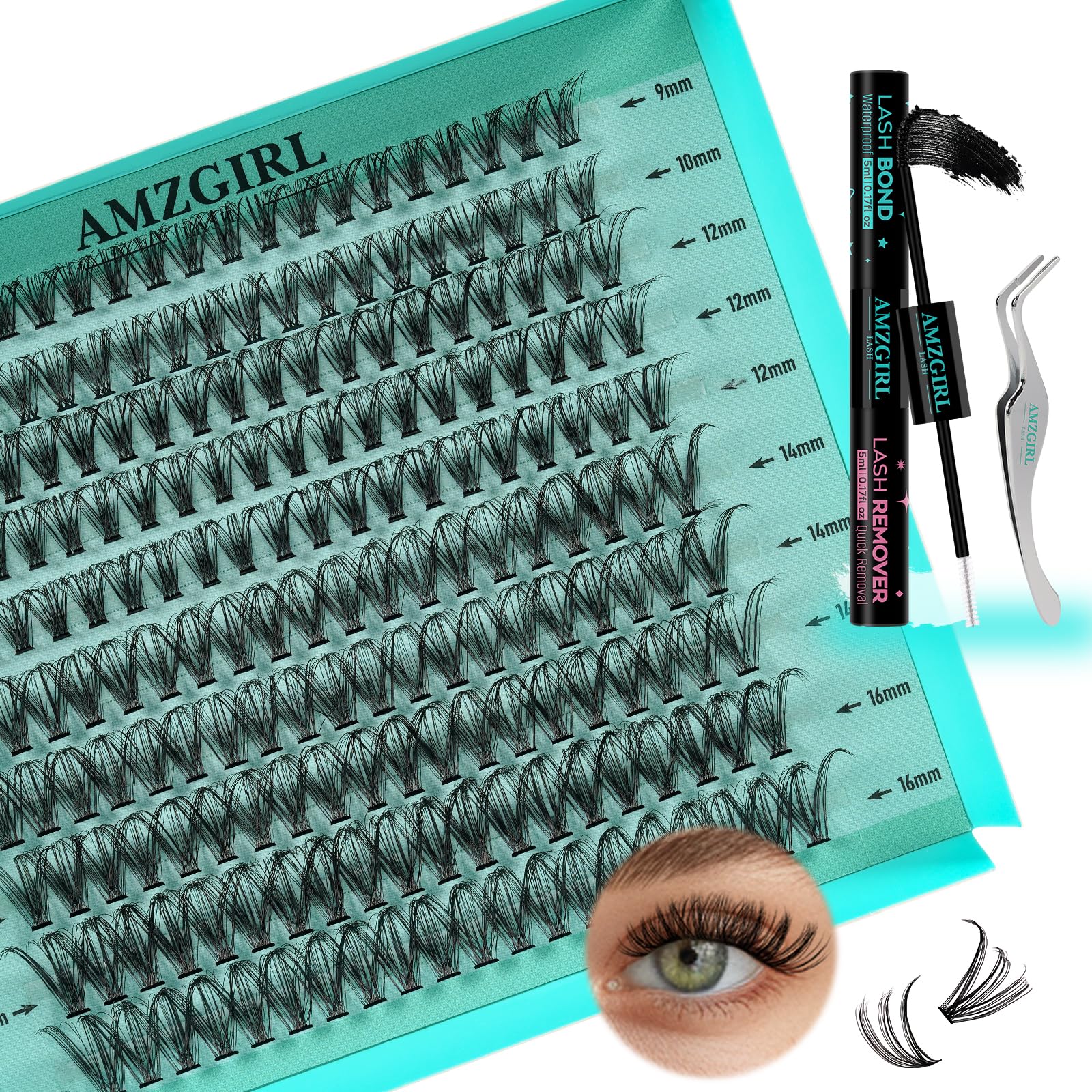 AMZGIRL LASH Lash Extension Kit 200Pcs – DIY Clusters 9-16mm with Bond & Remover