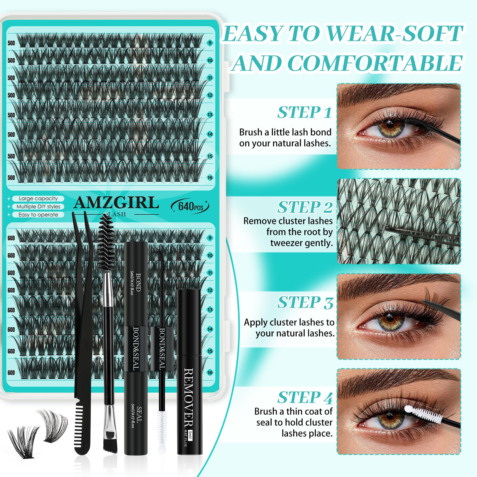 AMZGIRL LASH Lash Clusters Kit 640Pcs – DIY Eyelash Extensions with 9-16mm Mix, Bond & Seal, Remover, Applicator & Brush