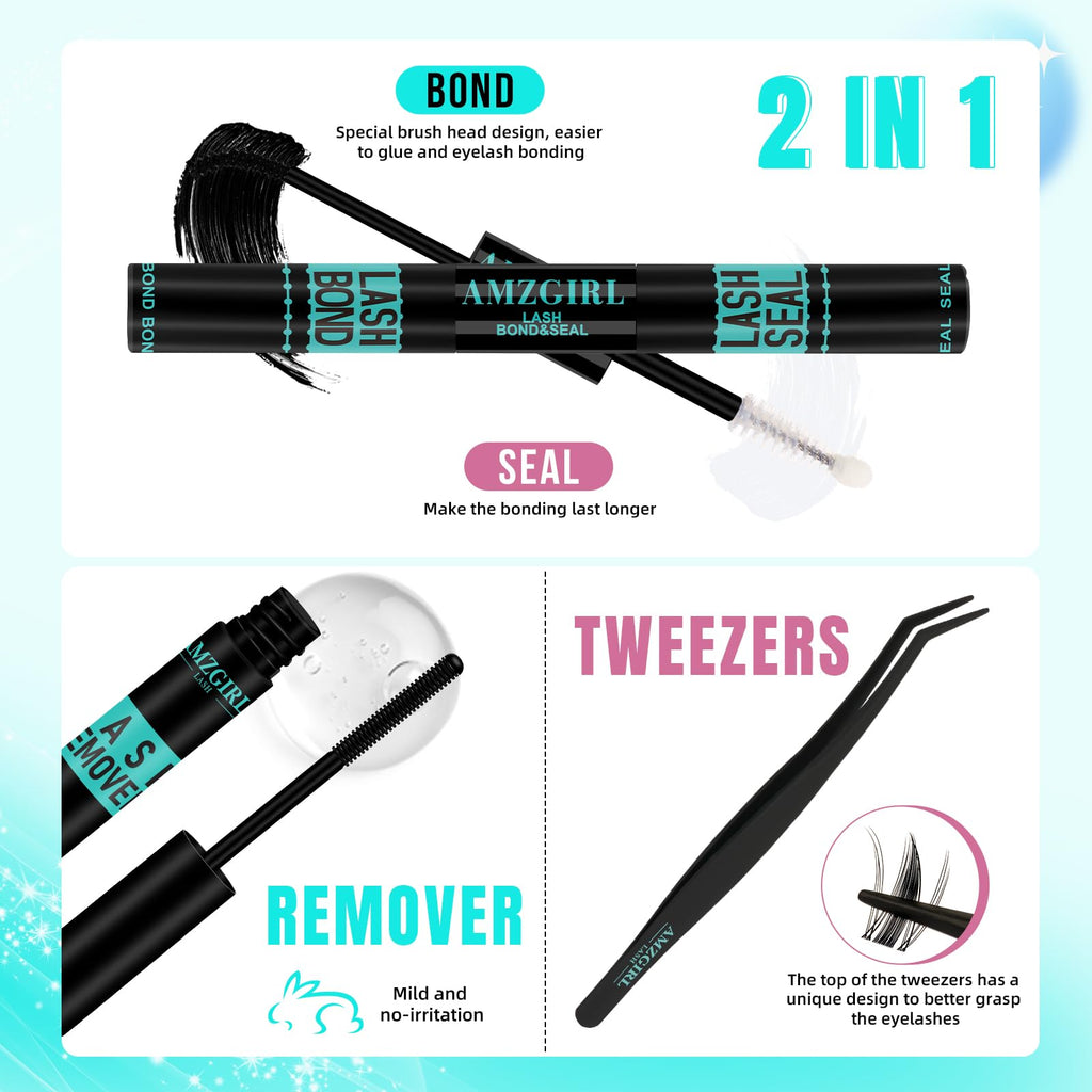 AMZGIRL LASH Manga Lash Clusters Kit 144PCS – Invisible Band, Bond & Seal, 8-16mm