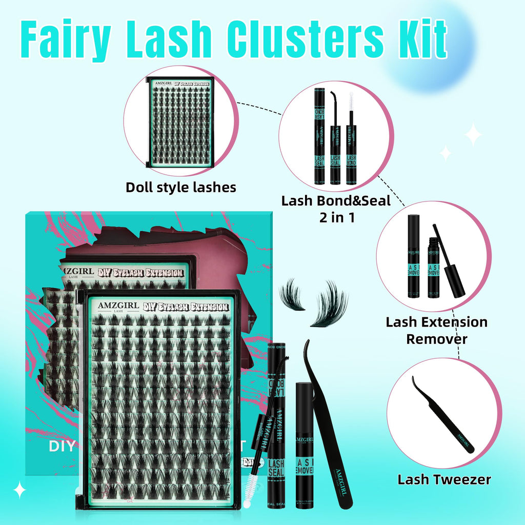 AMZGIRL LASH Manga Lash Clusters Kit 140pcs C-Curl – Waterproof Bond & Seal