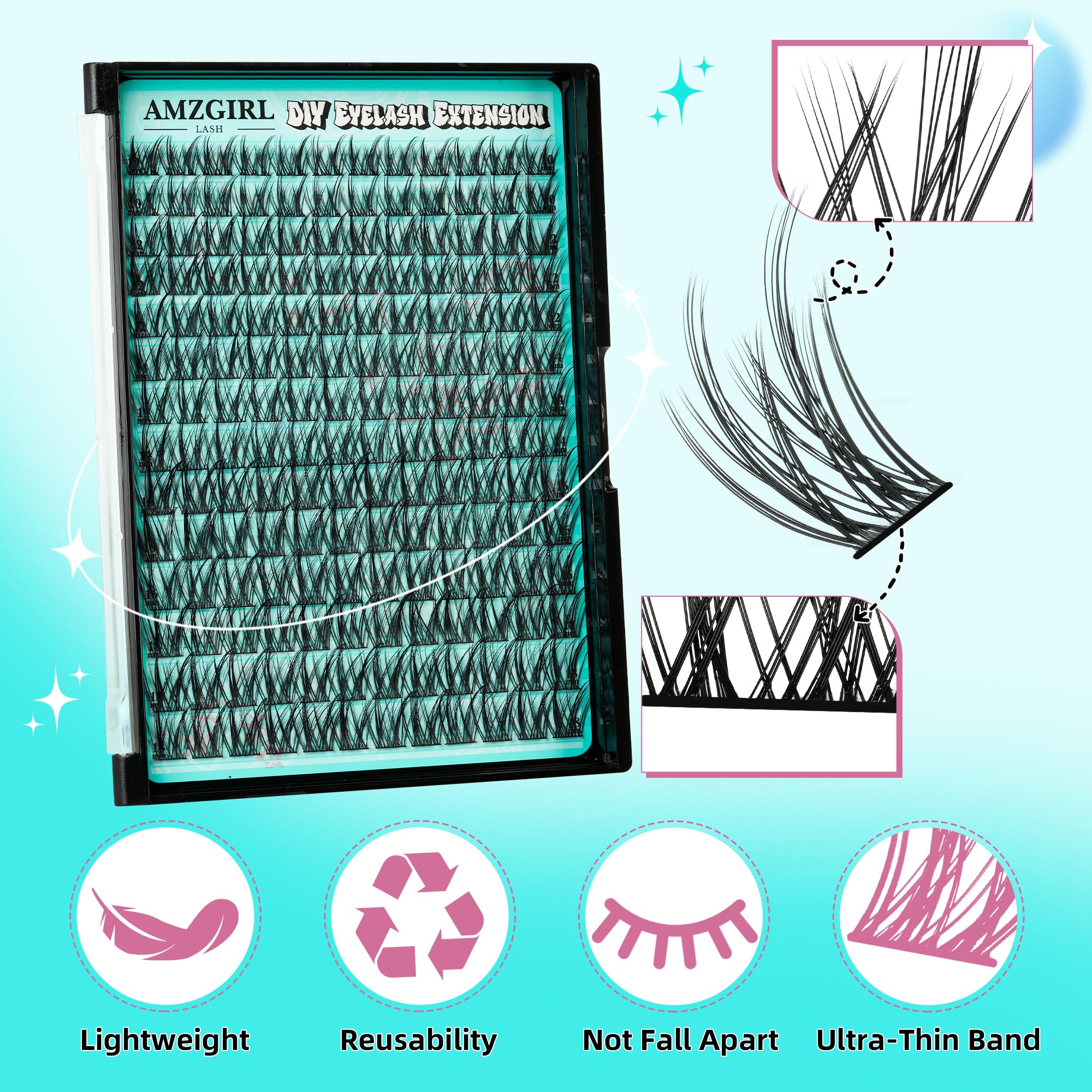 AMZGIRL LASH Manga Lash Clusters Kit 168pcs – C Curl Fairy Lashes with Bond & Seal, Remover & Tweezers