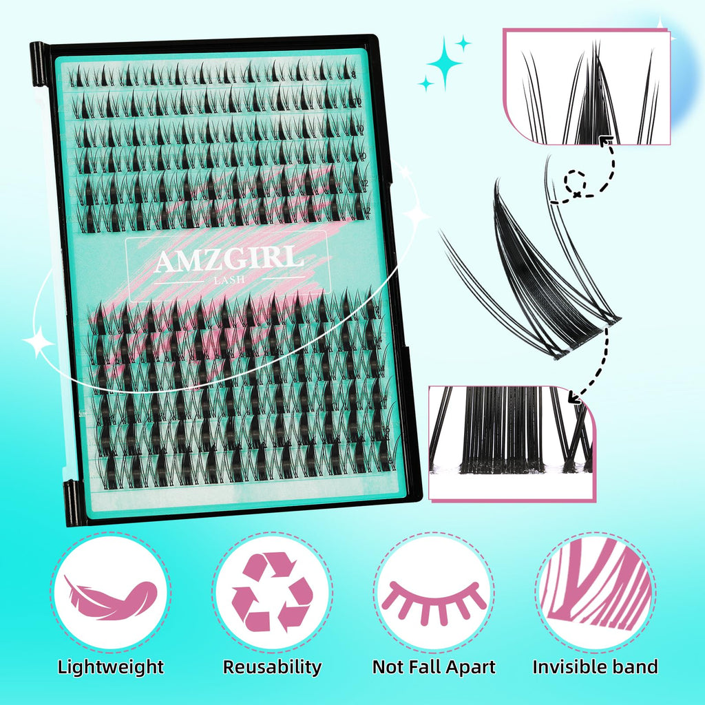 AMZGIRL LASH Manga Lash Clusters Kit 144PCS – Invisible Band, Bond & Seal, 8-16mm