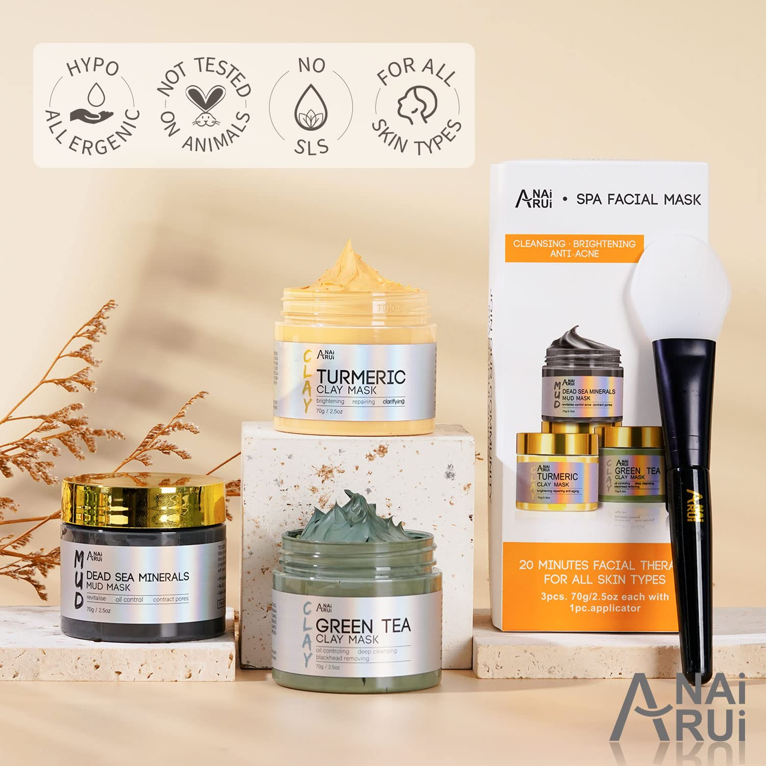 ANAI RUI 3Pack Face Mask Gift Set — Turmeric Clay Mask, Green Tea Mask & Dead Sea Mud Mask | 2.5 oz Each