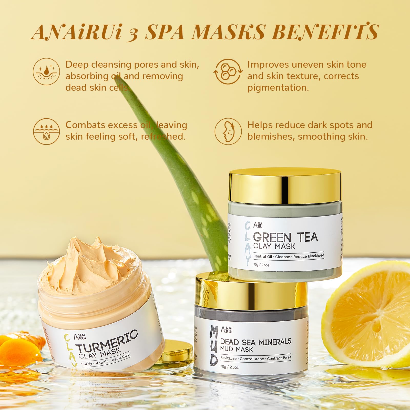 ANAI RUI 3Pack Face Mask Gift Set — Turmeric Clay Mask, Green Tea Mask & Dead Sea Mud Mask | 2.5 oz Each