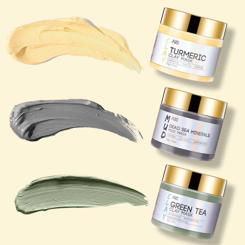 ANAI RUI 3Pack Face Mask Gift Set — Turmeric Clay Mask, Green Tea Mask & Dead Sea Mud Mask | 2.5 oz Each