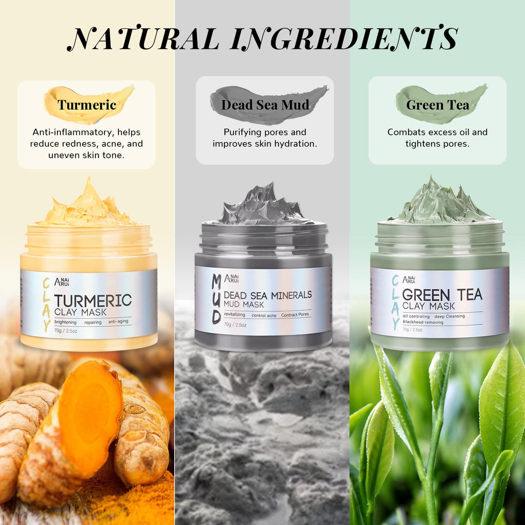 ANAI RUI 3Pack Face Mask Gift Set — Turmeric Clay Mask, Green Tea Mask & Dead Sea Mud Mask | 2.5 oz Each