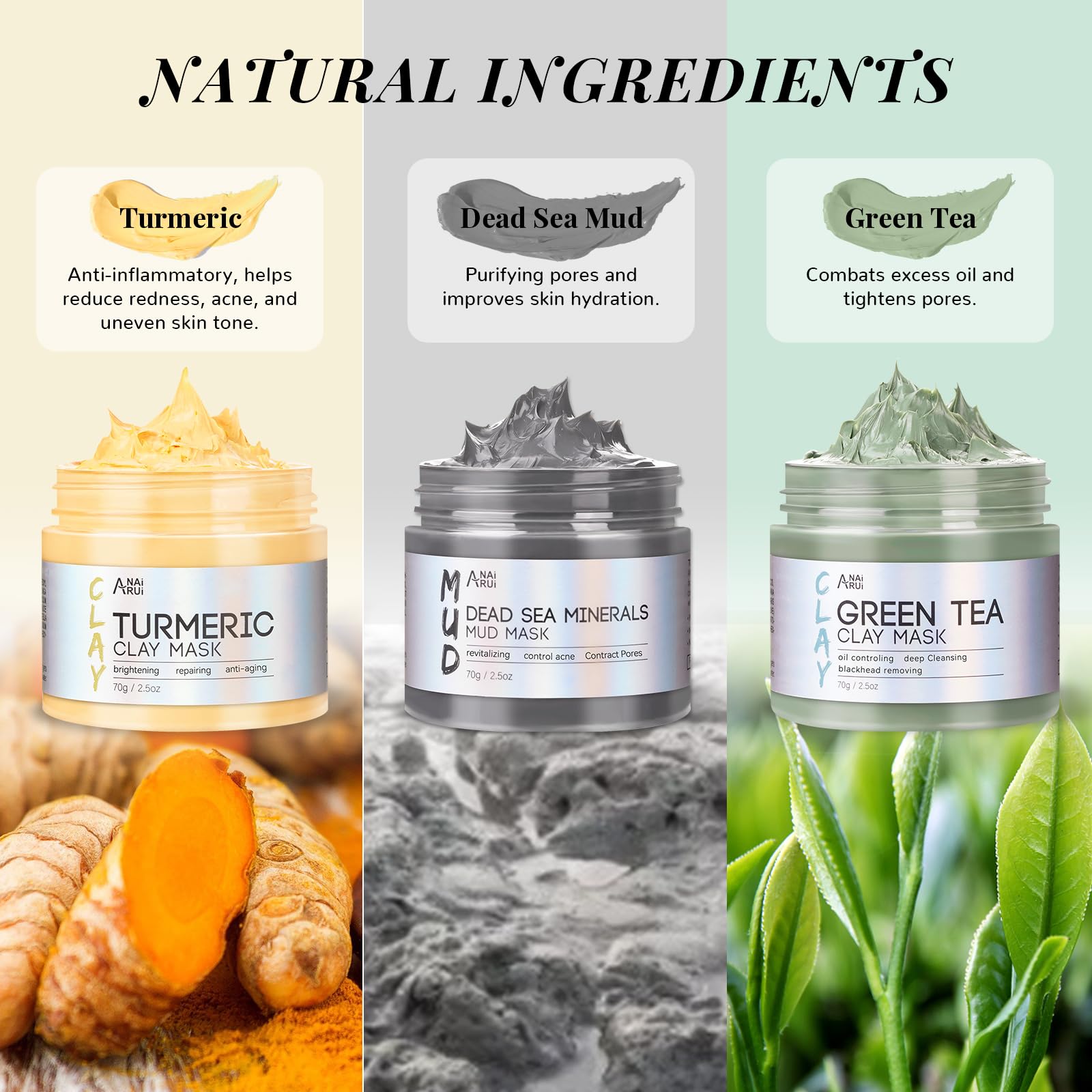 ANAI RUI 3Pack Face Mask Gift Set — Turmeric Clay Mask, Green Tea Mask & Dead Sea Mud Mask | 2.5 oz Each